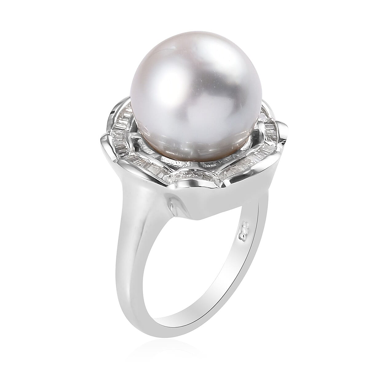 South Sea Pearl and Diamond Ring in Platinum Overlay Sterling Silver Ring