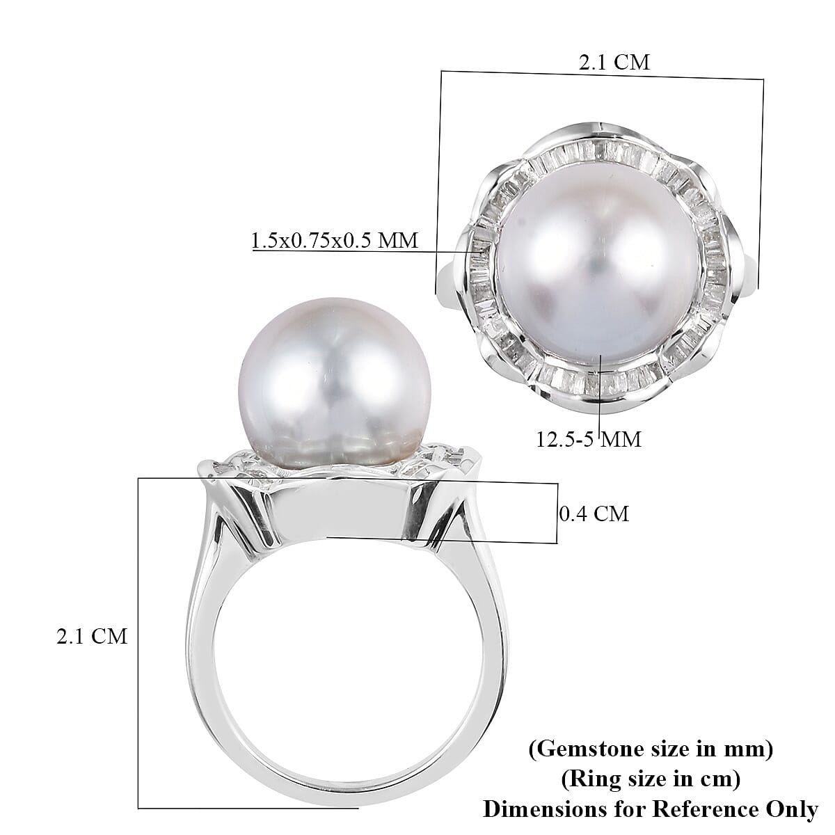 South Sea Pearl and Diamond Ring in Platinum Overlay Sterling Silver Ring