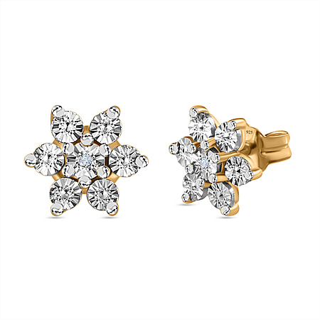 Diamond Floral Stud Earrings in 14K Gold Plated Sterling Silver