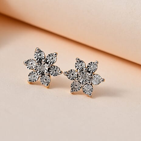 Diamond Floral Earrings in 18K Yellow Gold Vermeil Plated Sterling Silver