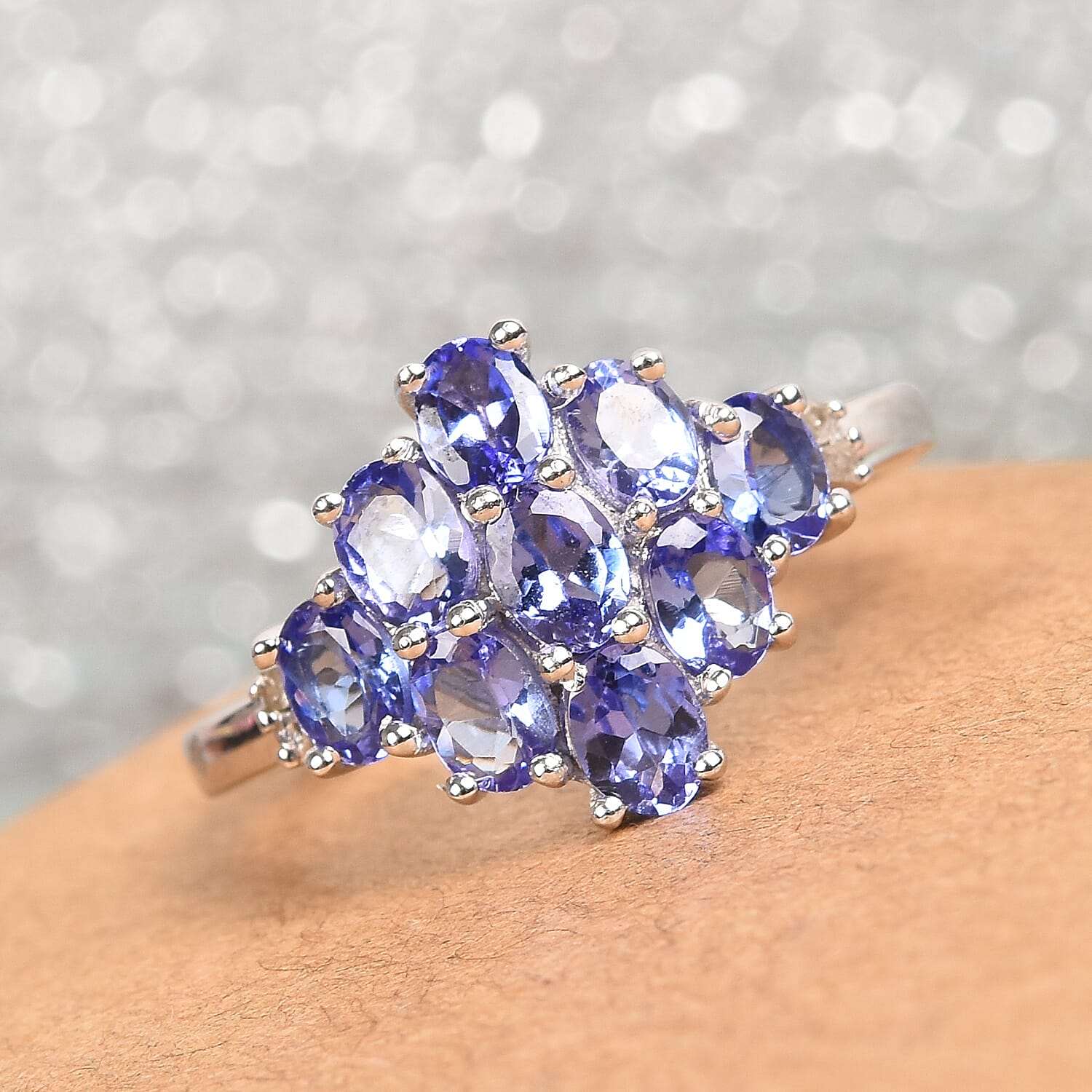 AAA Tanzanite and Diamond Cluster Ring in Platinum Overlay Sterling Silver 1.60 Ct.