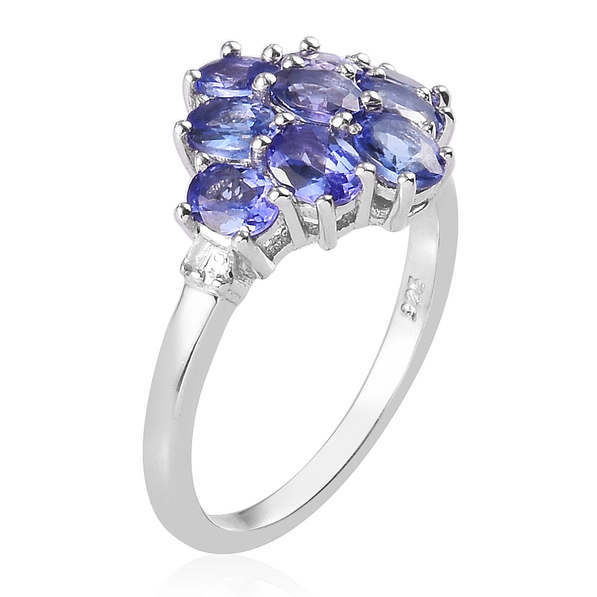 AAA Tanzanite and Diamond Cluster Ring in Platinum Overlay Sterling Silver 1.60 Ct.