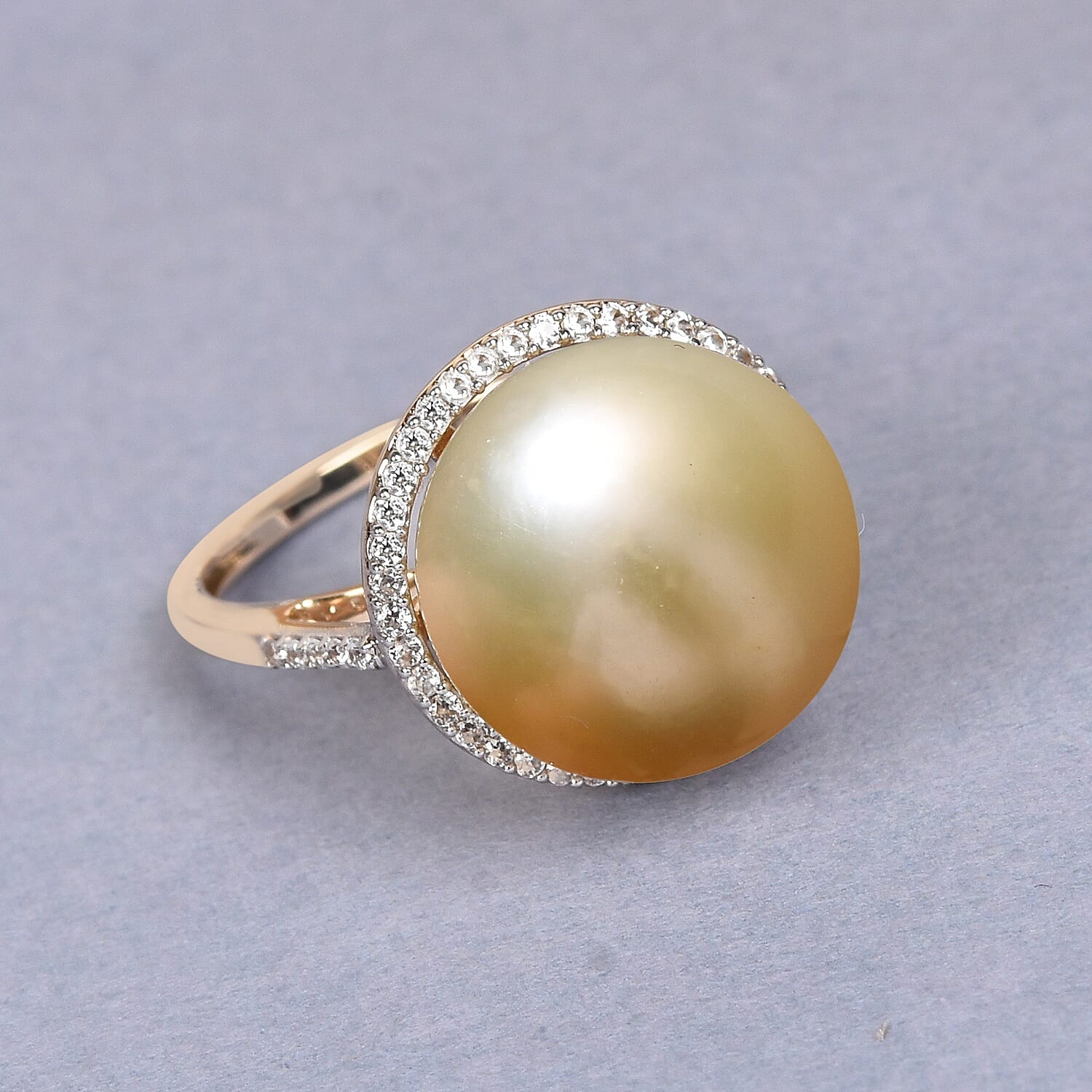 9K Yellow Gold Golden South Sea Pearl and Natural Cambodian Zircon Ring