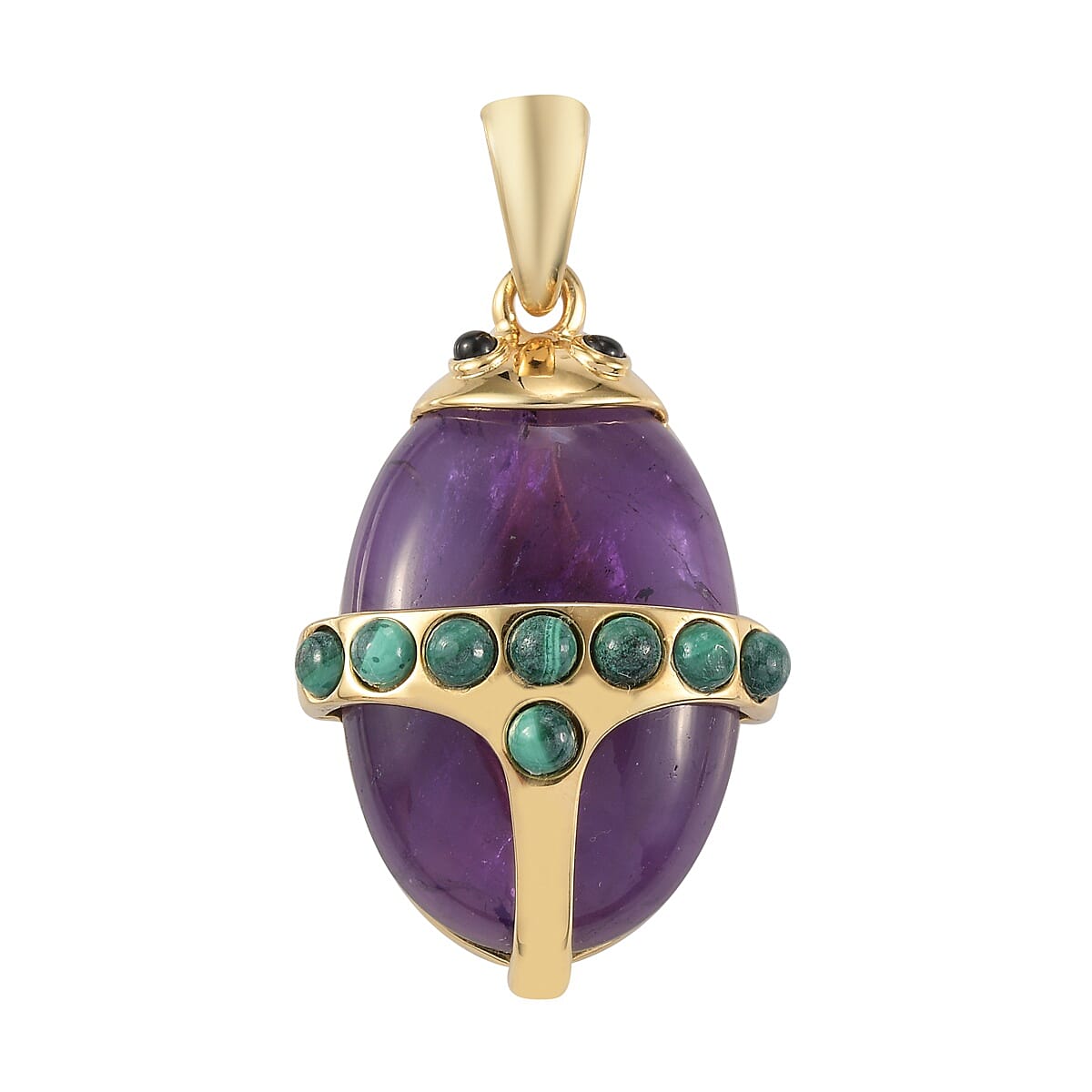 Sundays Child - Amethyst, Malachite and Boi Ploi Black Spinel Beetle Pendant in 14K Gold Overlay Sterling Silver