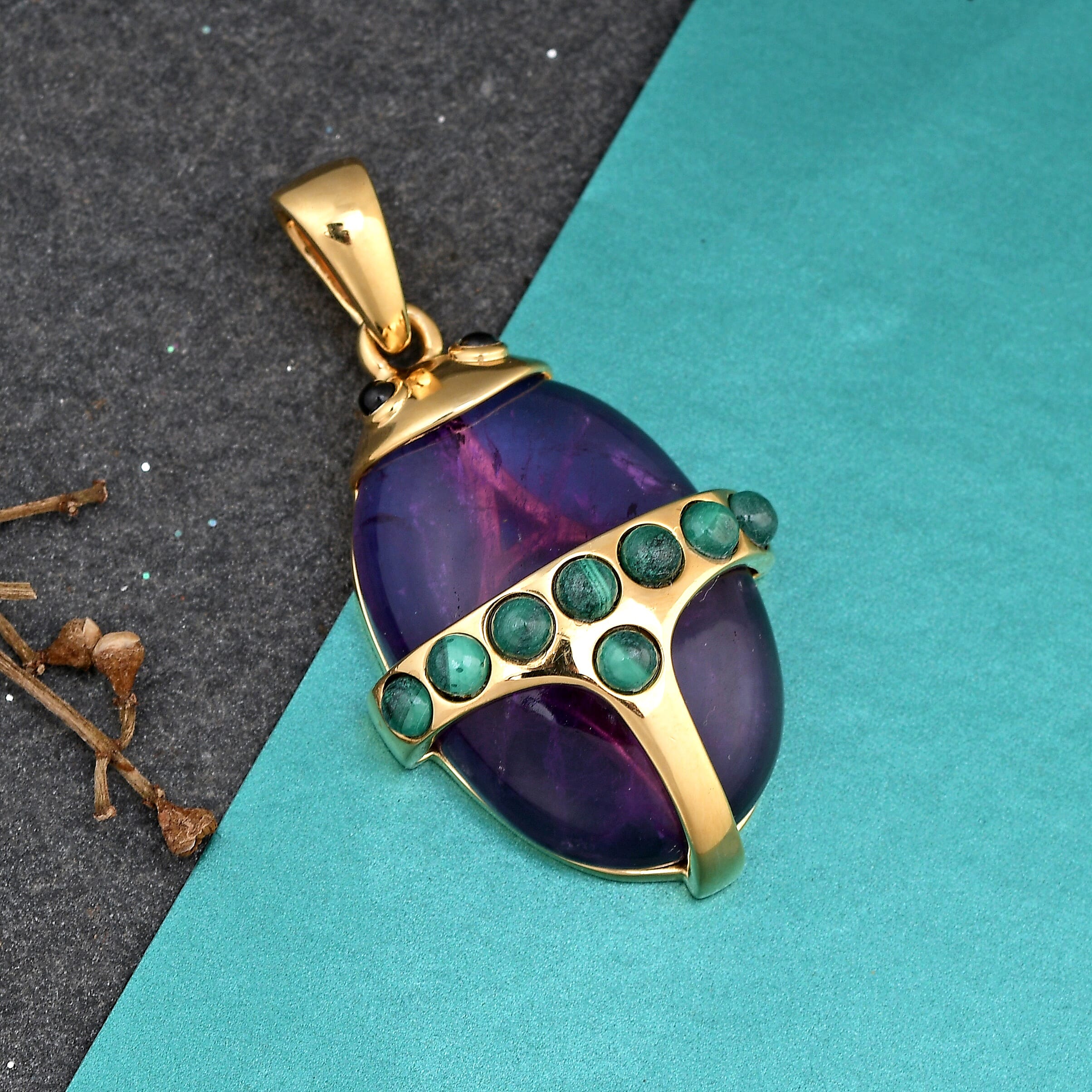 Sundays Child - Amethyst, Malachite and Boi Ploi Black Spinel Beetle Pendant in 14K Gold Overlay Sterling Silver