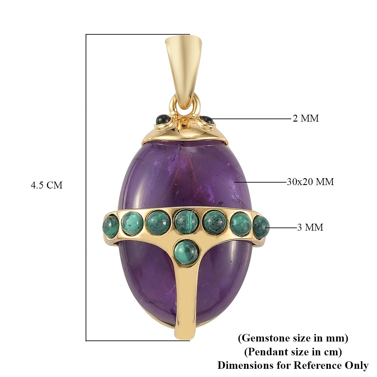 Sundays Child - Amethyst, Malachite and Boi Ploi Black Spinel Beetle Pendant in 14K Gold Overlay Sterling Silver