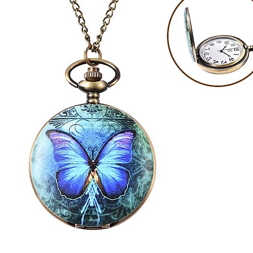 STRADA Japanese Movement Butterfly Pattern Pocket Watch with Chain (Size 31) in Antique Bronze Tone