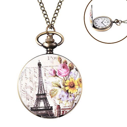 STRADA Japanese Movement Eiffel Tower Pattern Pocket Watch with Chain (Size 31) in Antique Bronze Tone