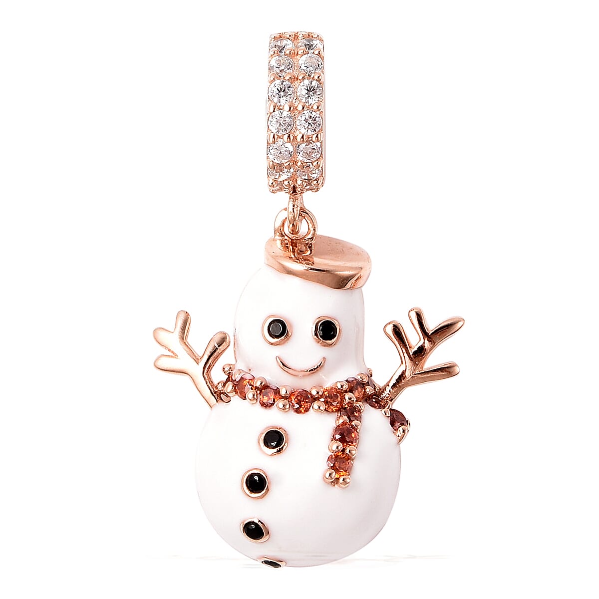 Charmes De Memoire- Simulated Garnet, Simulated Black & White Diamond Snowman Enamelled Charm in Rose Gold Overlay Sterling Silver