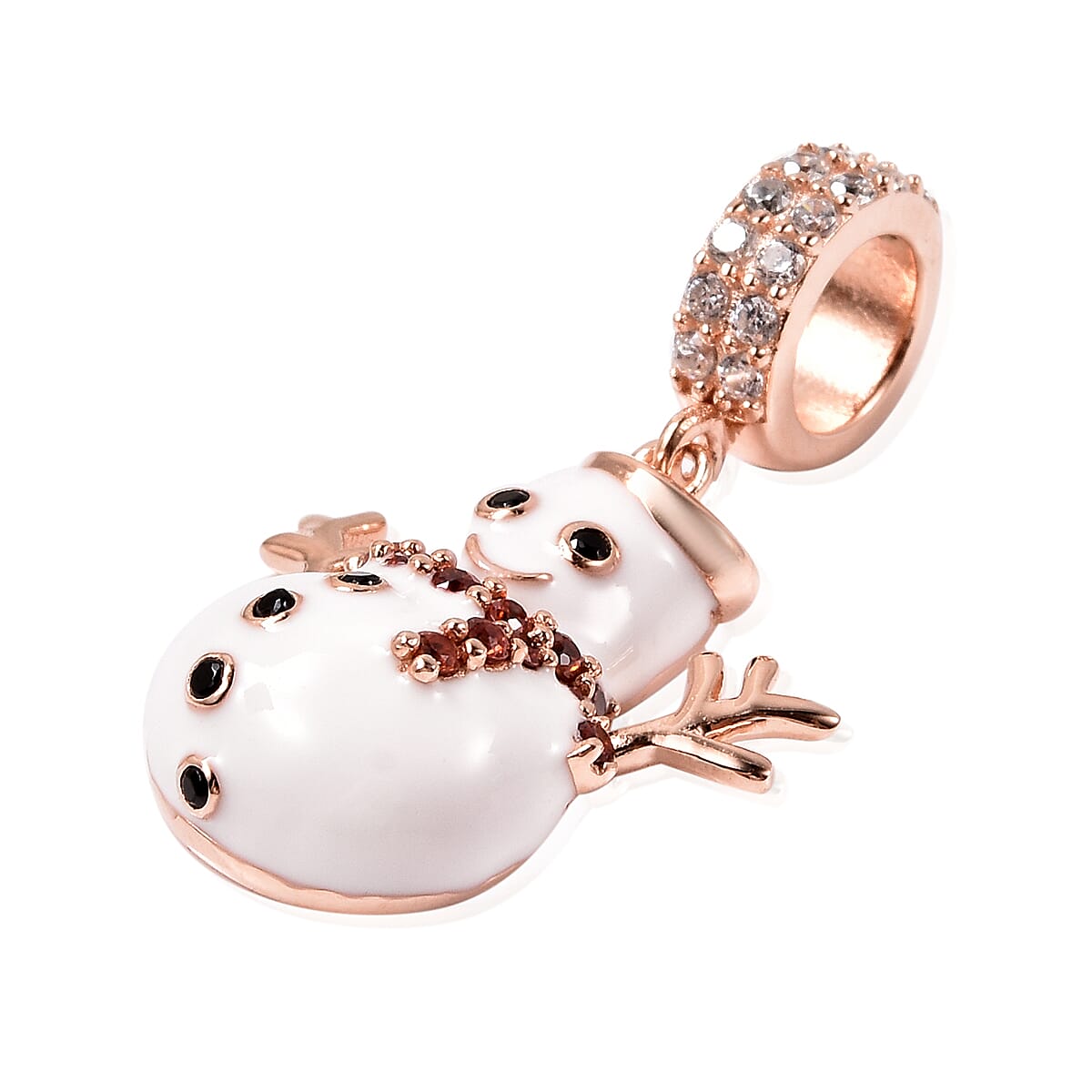 Charmes De Memoire- Simulated Garnet, Simulated Black & White Diamond Snowman Enamelled Charm in Rose Gold Overlay Sterling Silver