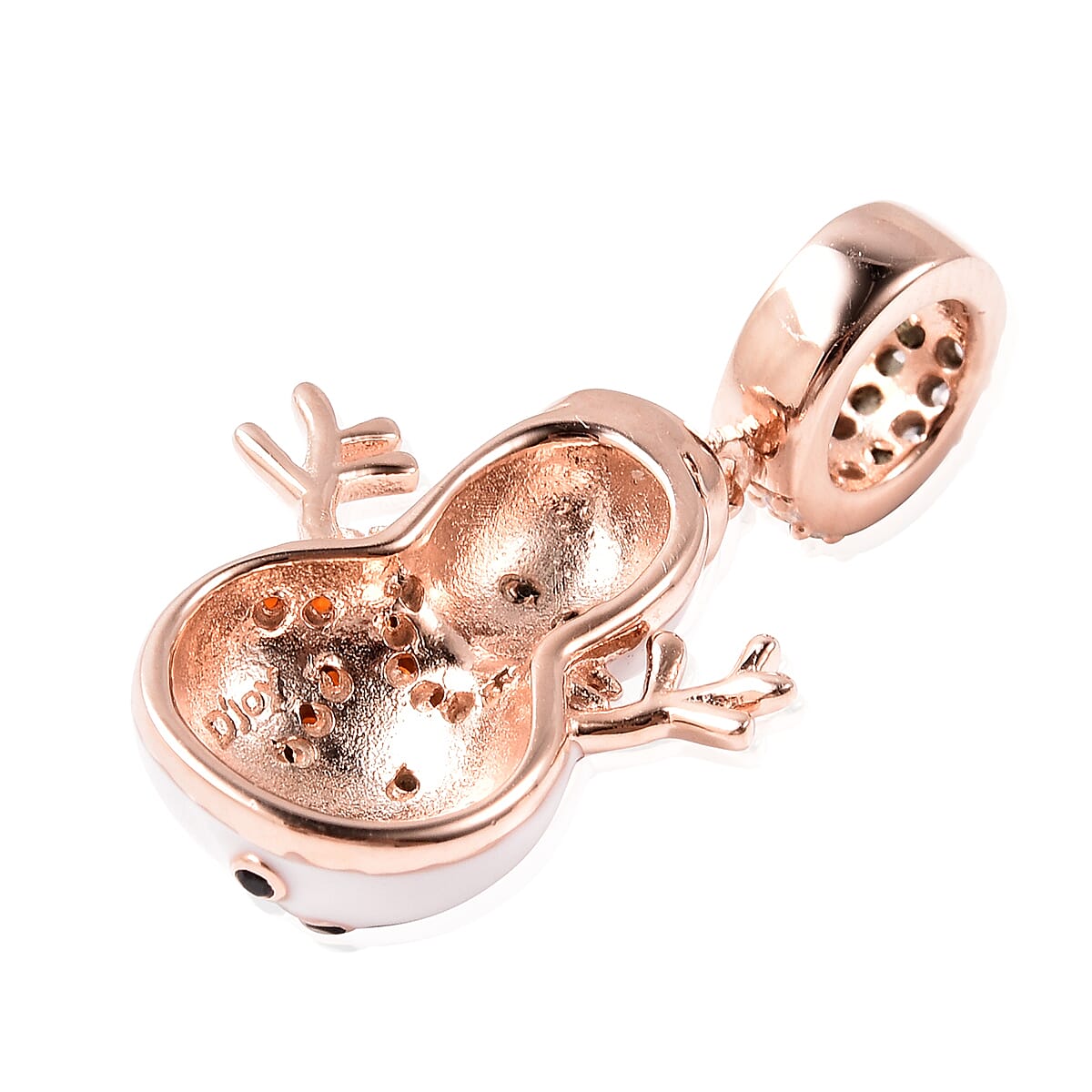 Charmes De Memoire- Simulated Garnet, Simulated Black & White Diamond Snowman Enamelled Charm in Rose Gold Overlay Sterling Silver