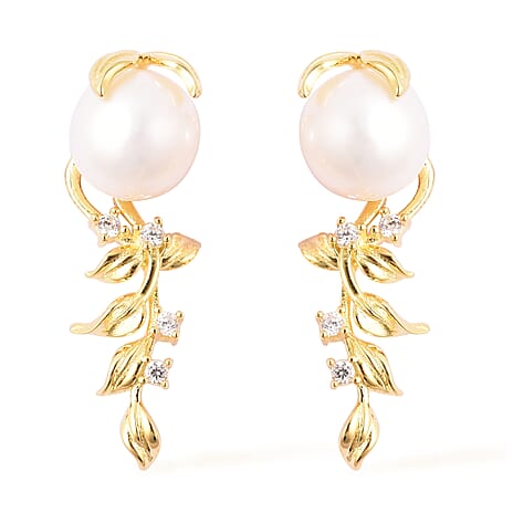 Edison Pearl & Natural Cambodian Zircon Earrings with Push Back in Yellow Gold Plated Sterling Silver 16.42 Ct.