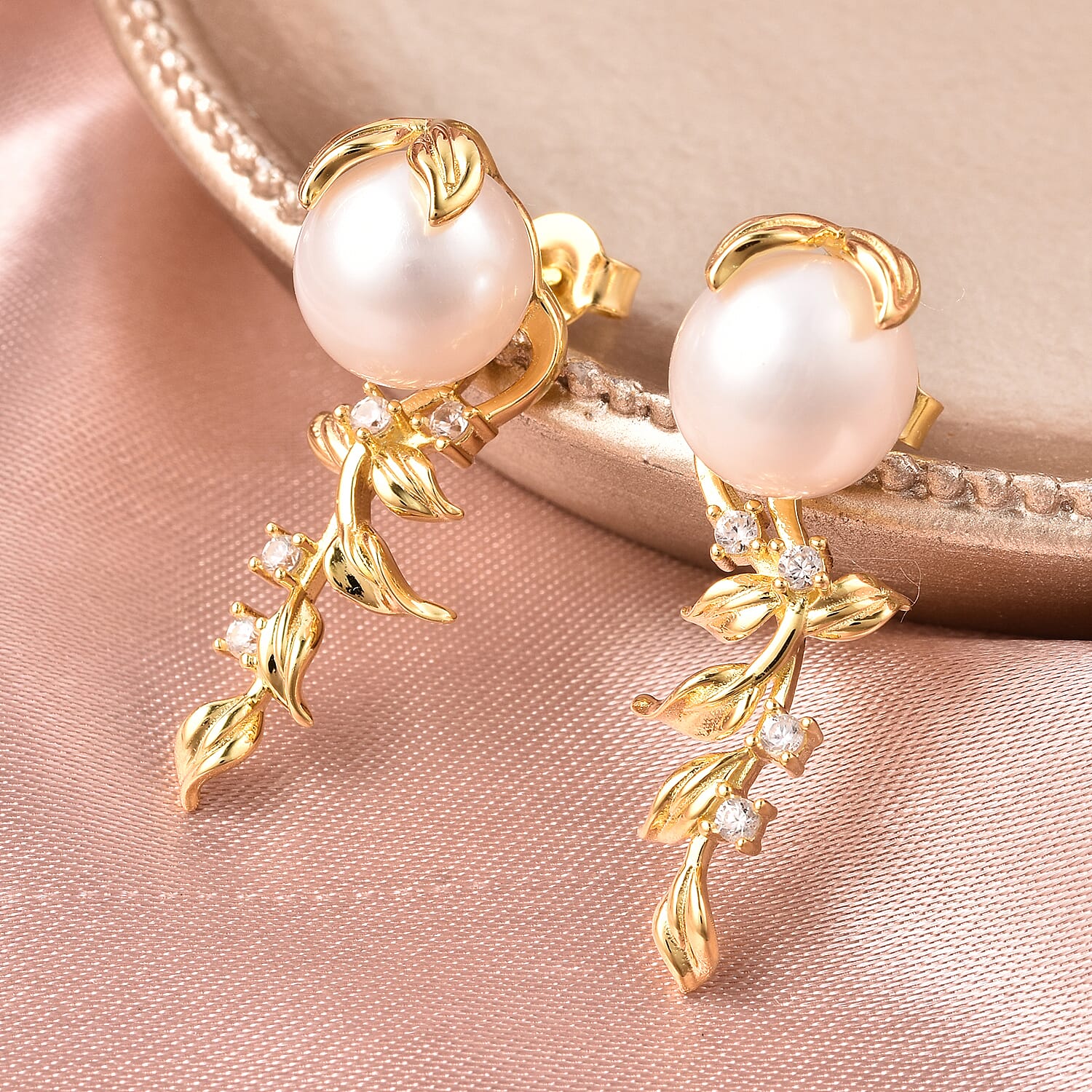 Edison Pearl & Natural Cambodian Zircon Earrings with Push Back in Yellow Gold Plated Sterling Silver 16.42 Ct.