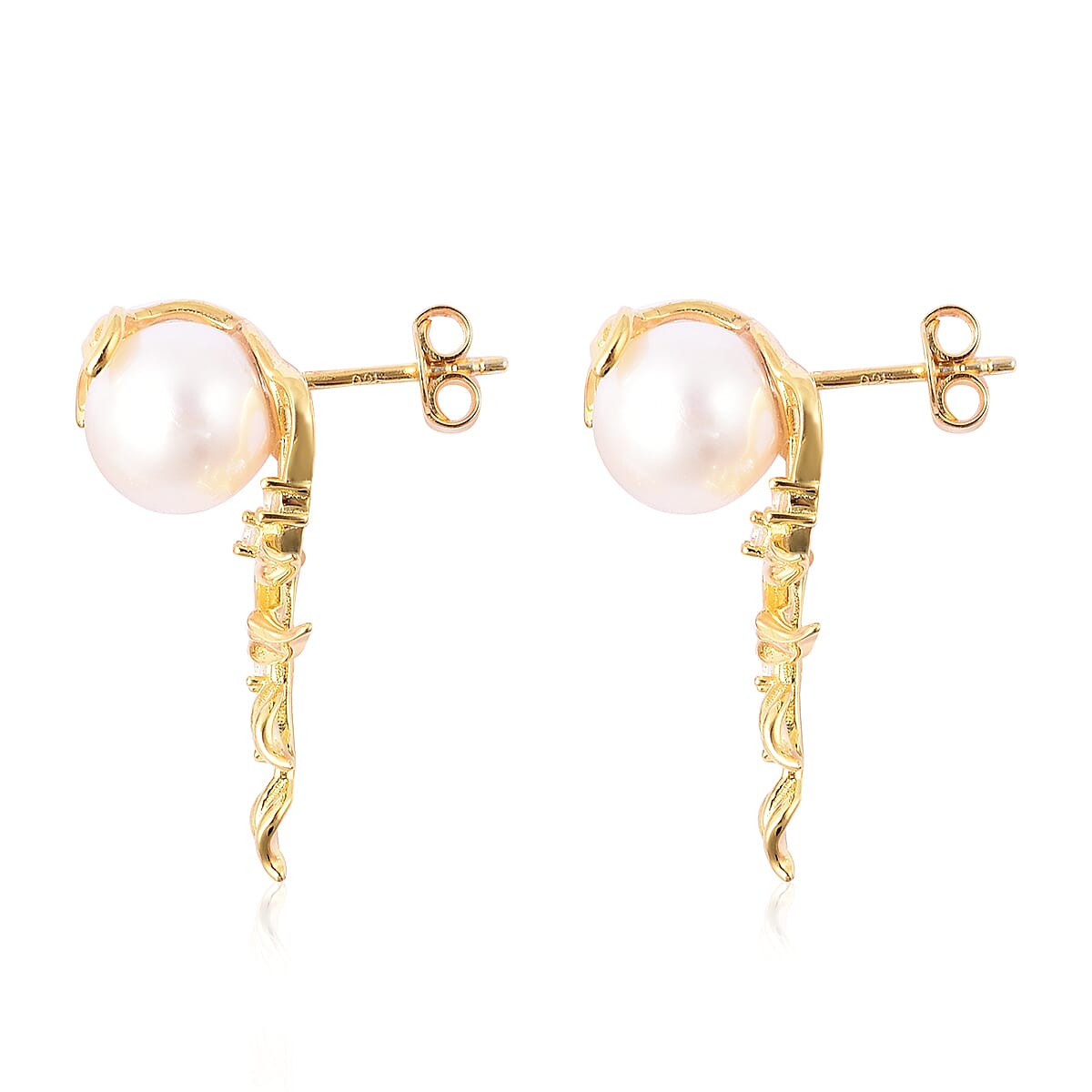 Edison Pearl & Natural Cambodian Zircon Earrings with Push Back in Yellow Gold Plated Sterling Silver 16.42 Ct.
