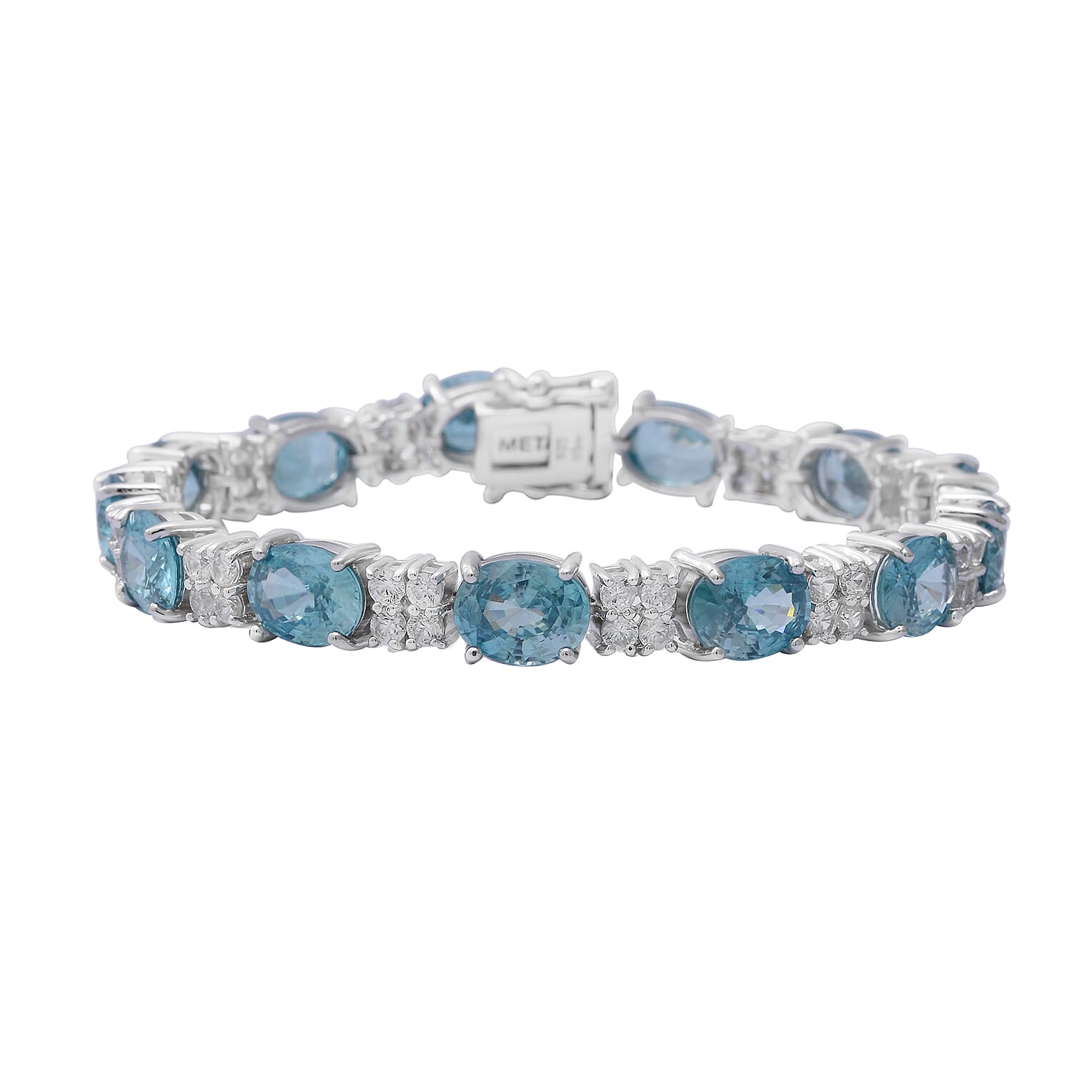 Ratanakiri Blue Zircon and Natural Cambodian White Zircon Bracelet (Size 7.5) in Rhodium Overlay Sterling Silver 39.88 Ct.