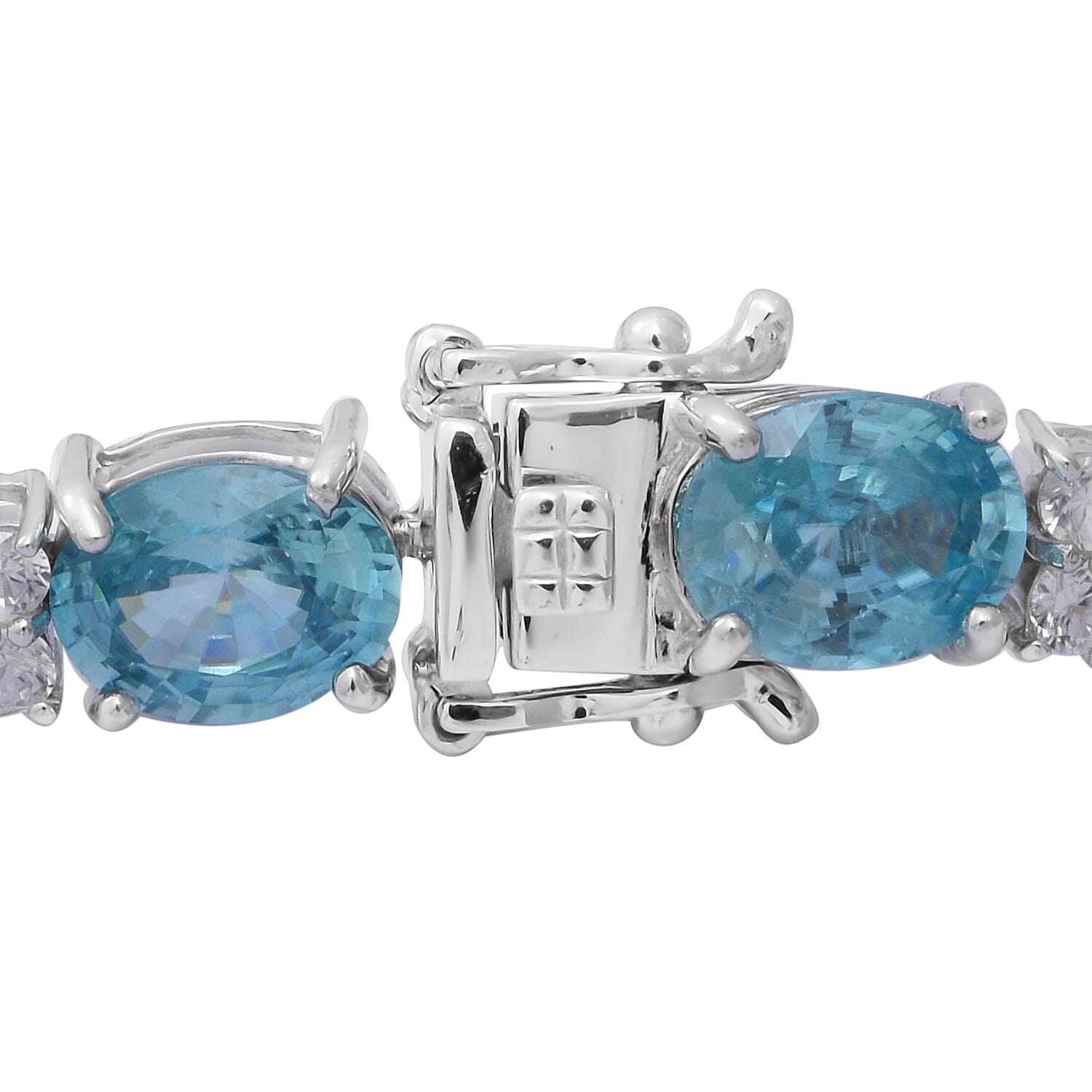 Ratanakiri Blue Zircon and Natural Cambodian White Zircon Bracelet (Size 7.5) in Rhodium Overlay Sterling Silver 39.88 Ct.