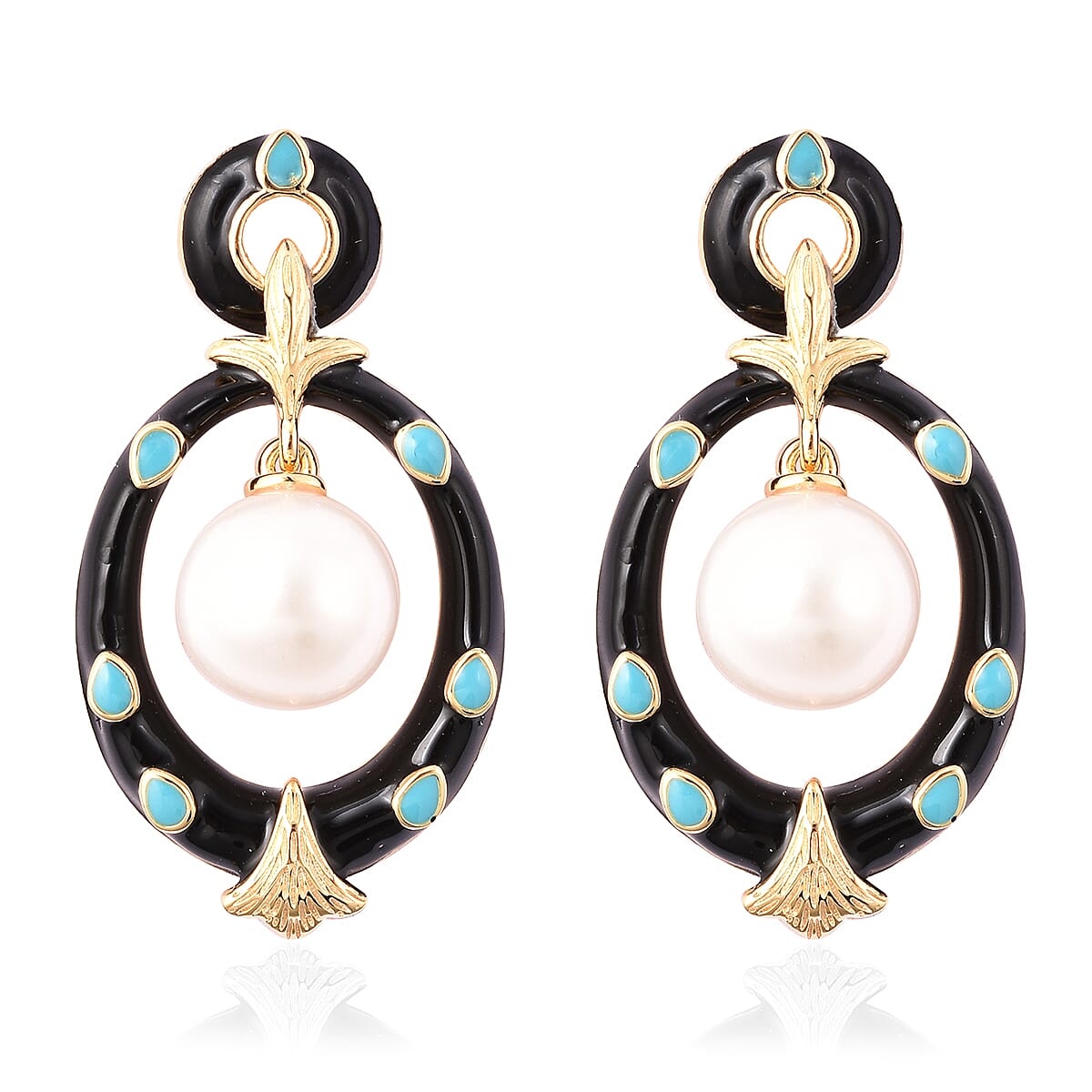 Edison Pearl Dangle Enameled Earrings with Push Back in Yellow Gold Plated Sterling Silver 13.75 Ct, Silver Wt. 6.19 Gms.