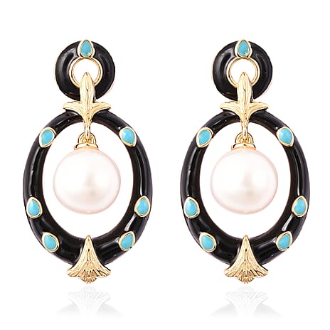 Edison Pearl (10-11 MM) Dangle Enameled Earrings with Push Back in Yellow Gold Plated Sterling Silver Silver Wt. 6.19 Gms.