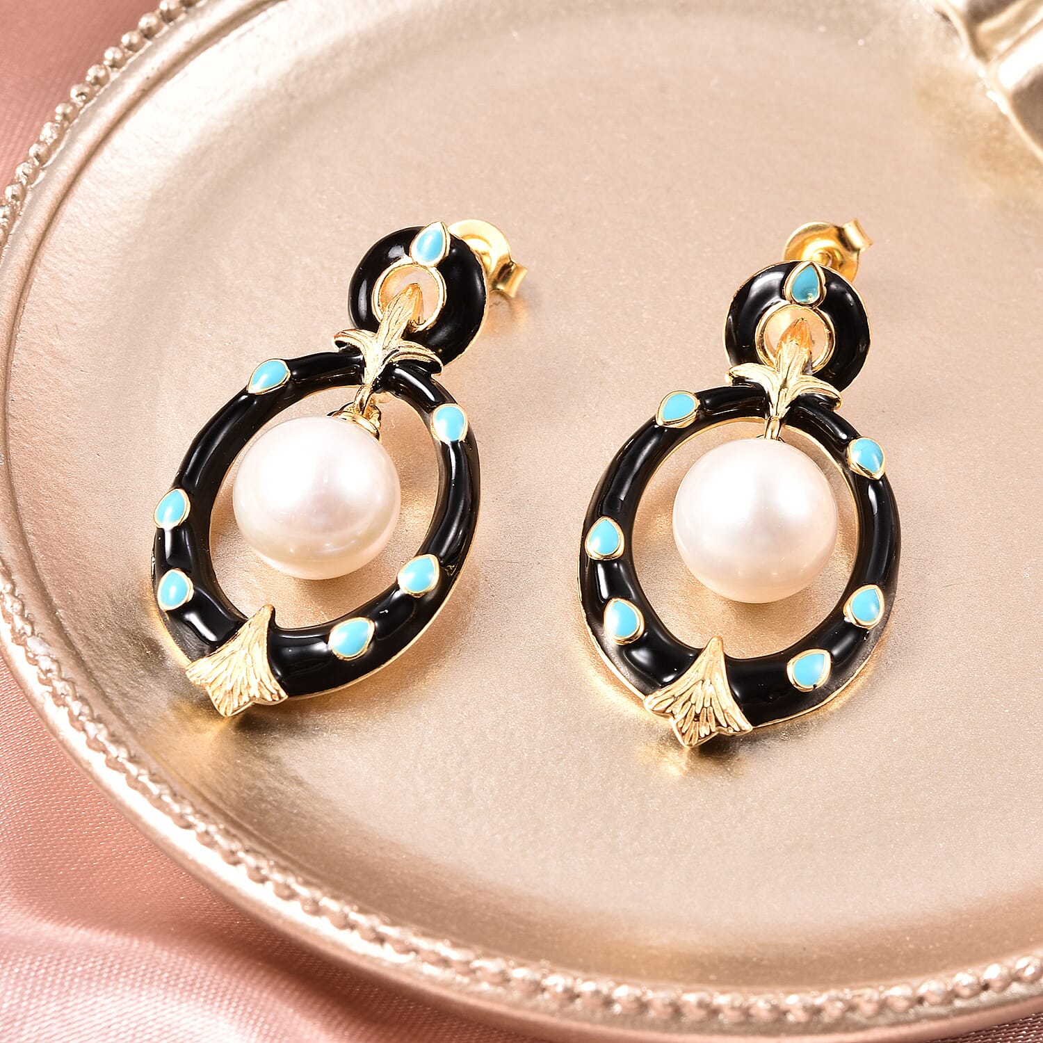 Edison Pearl Dangle Enameled Earrings with Push Back in Yellow Gold Plated Sterling Silver 13.75 Ct, Silver Wt. 6.19 Gms.