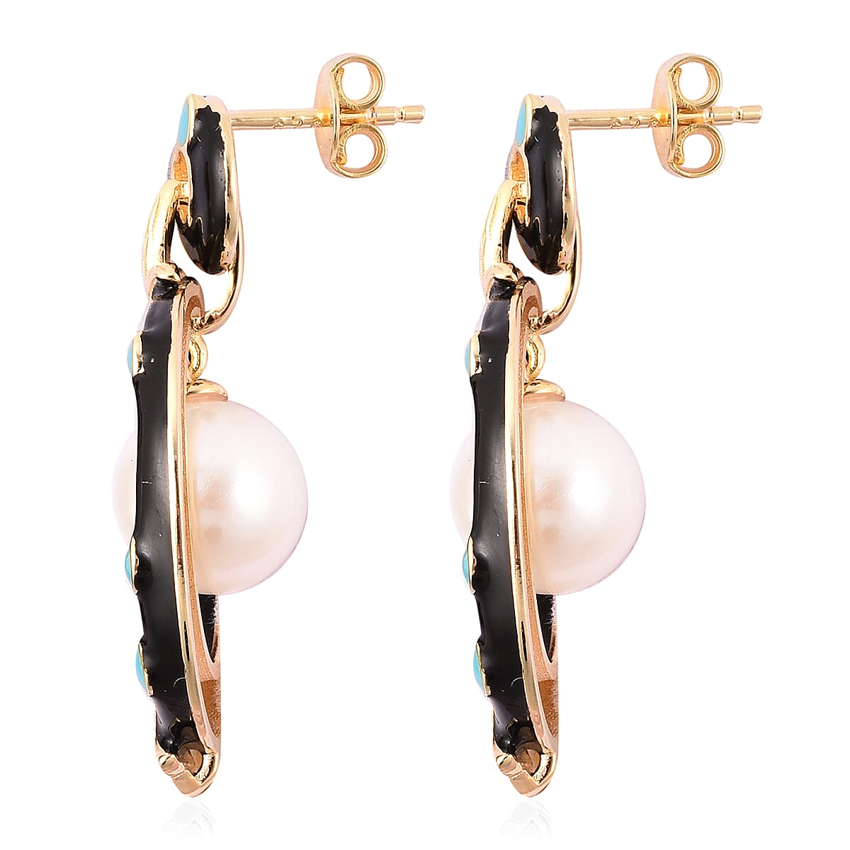 Edison Pearl Dangle Enameled Earrings with Push Back in Yellow Gold Plated Sterling Silver 13.75 Ct, Silver Wt. 6.19 Gms.
