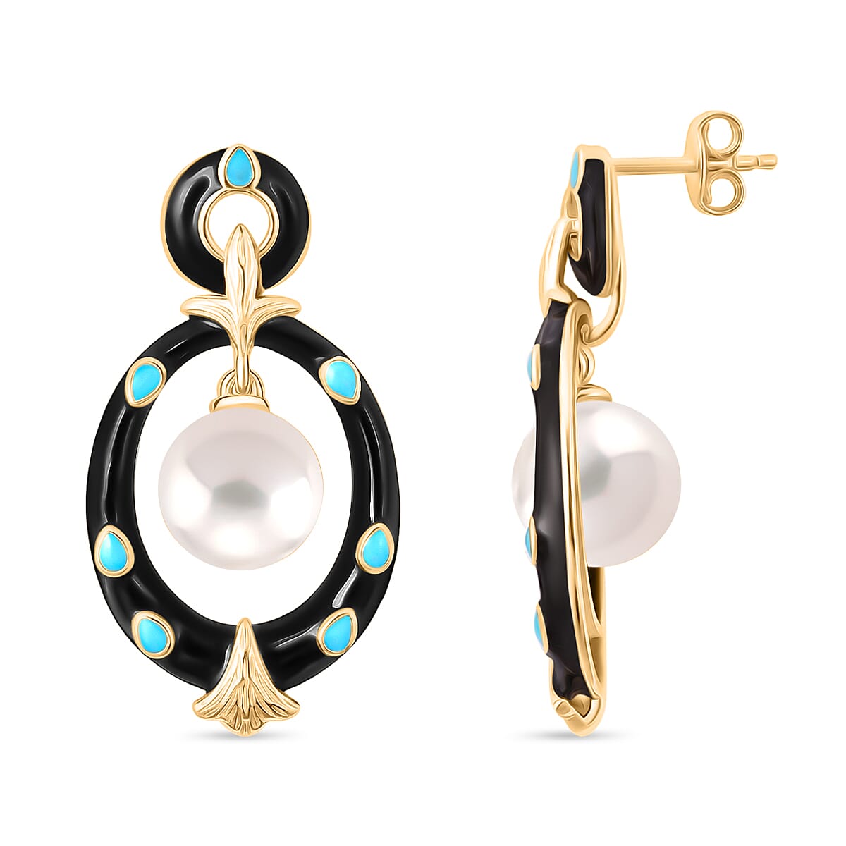 Edison Pearl Dangle Enameled Earrings with Push Back in Yellow Gold Plated Sterling Silver 13.75 Ct, Silver Wt. 6.19 Gms.