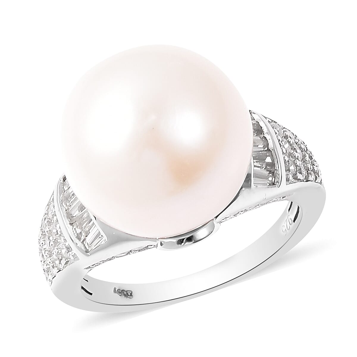 Edison Pearl and Natural Cambodian Zircon Ring in Rhodium Overlay Sterling Silver