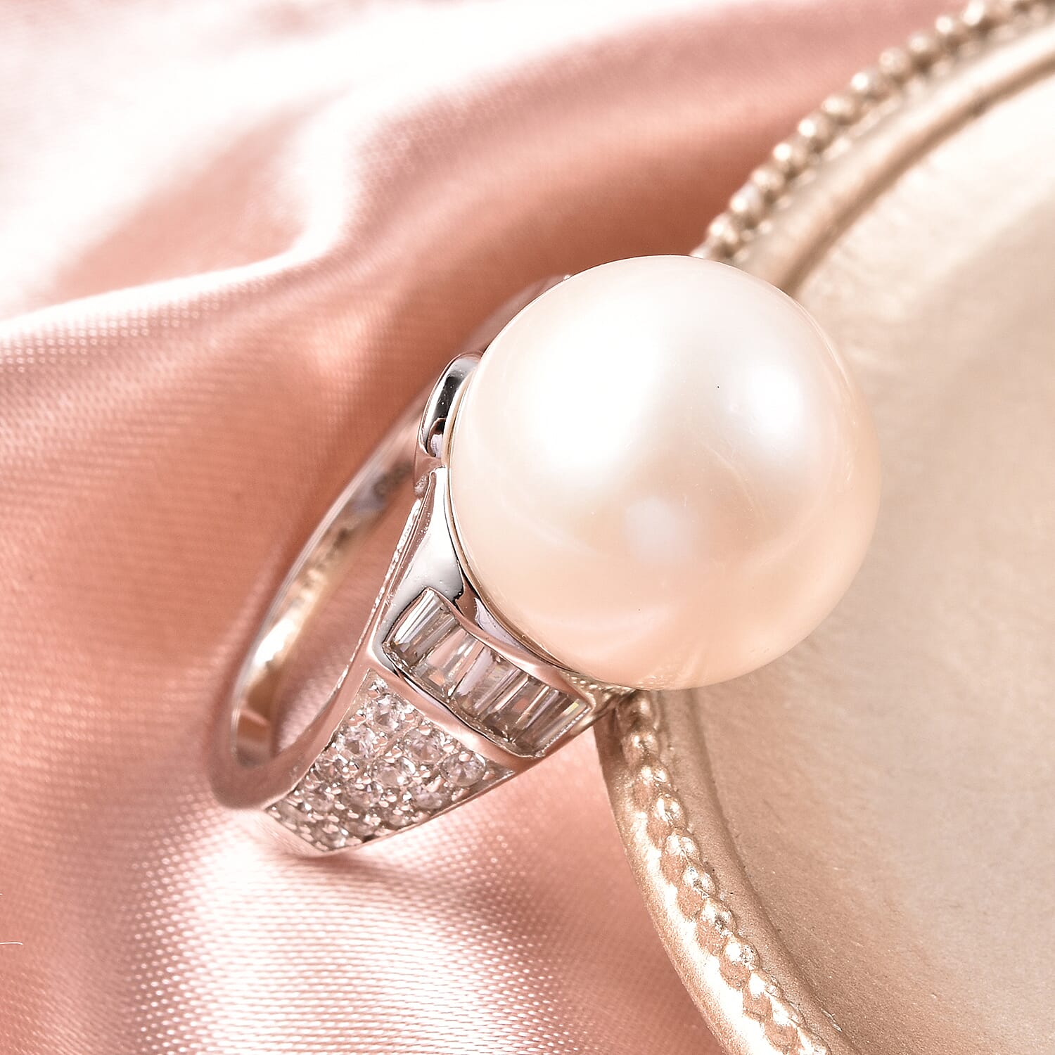 Edison Pearl and Natural Cambodian Zircon Ring in Rhodium Overlay Sterling Silver