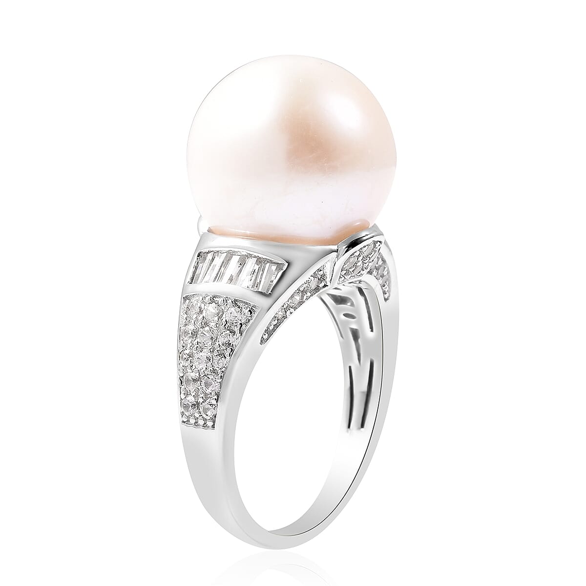 Edison Pearl and Natural Cambodian Zircon Ring in Rhodium Overlay Sterling Silver