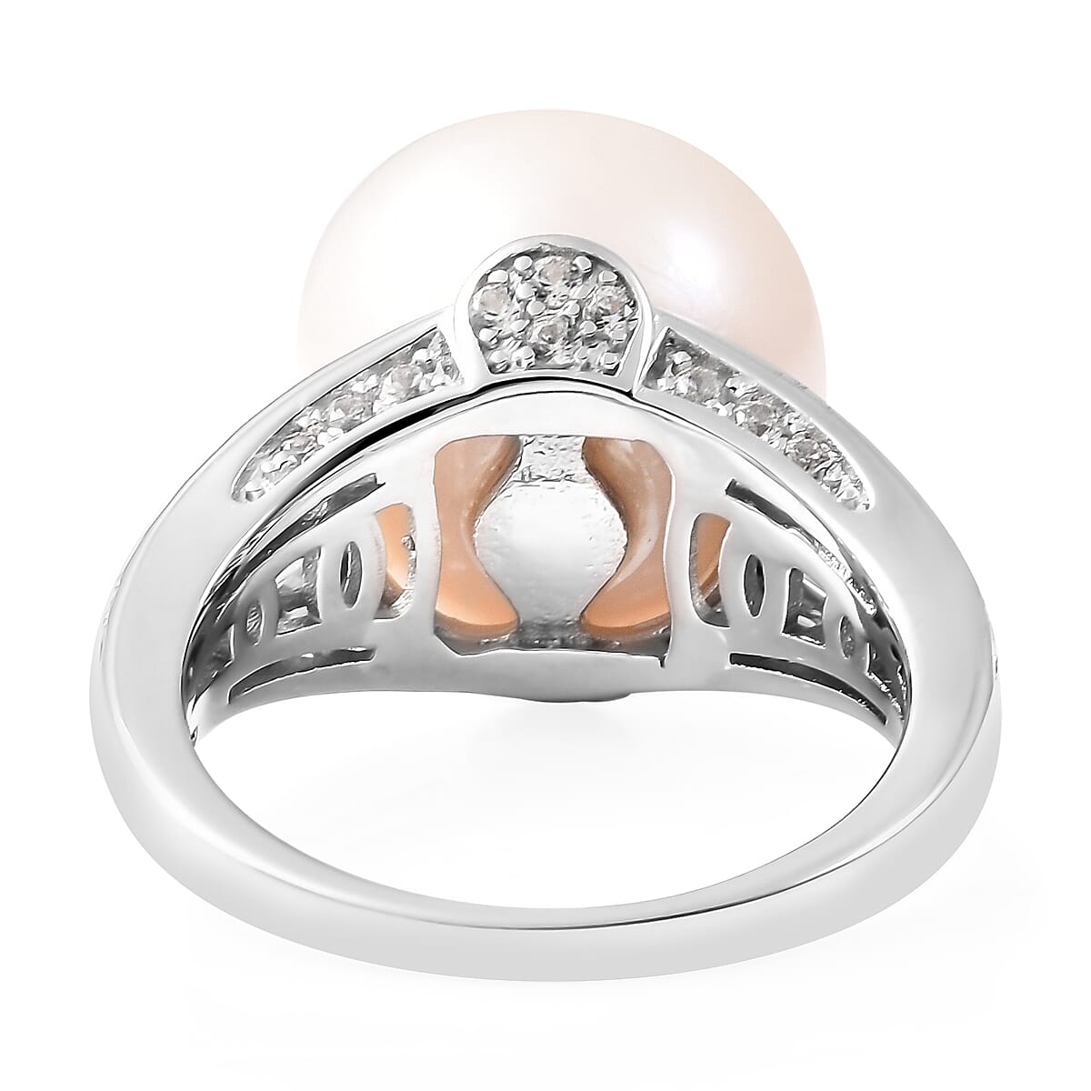Edison Pearl and Natural Cambodian Zircon Ring in Rhodium Overlay Sterling Silver