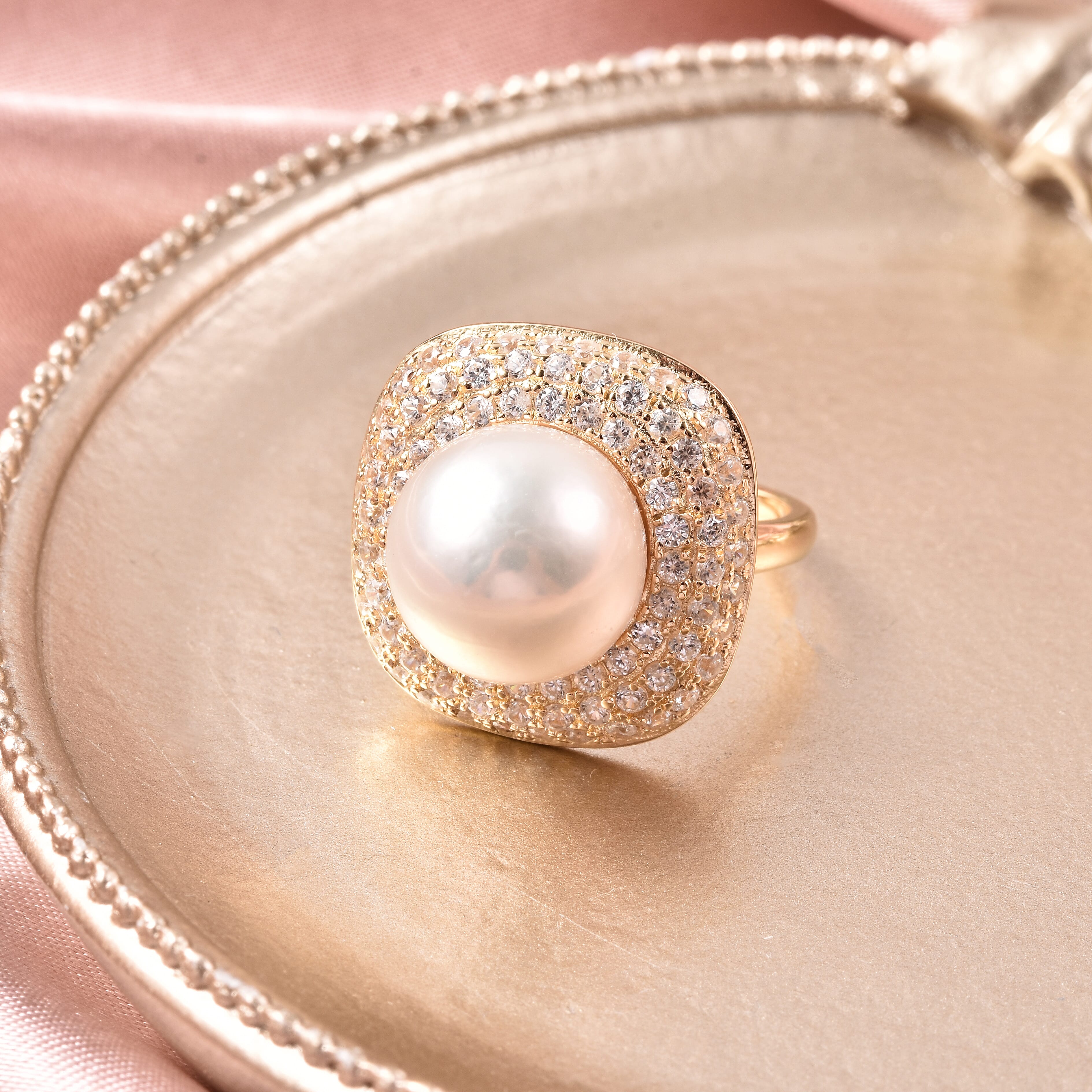 Edison Pearl and Natural Cambodian Zircon Ring in Yellow Gold Overlay Sterling Silver