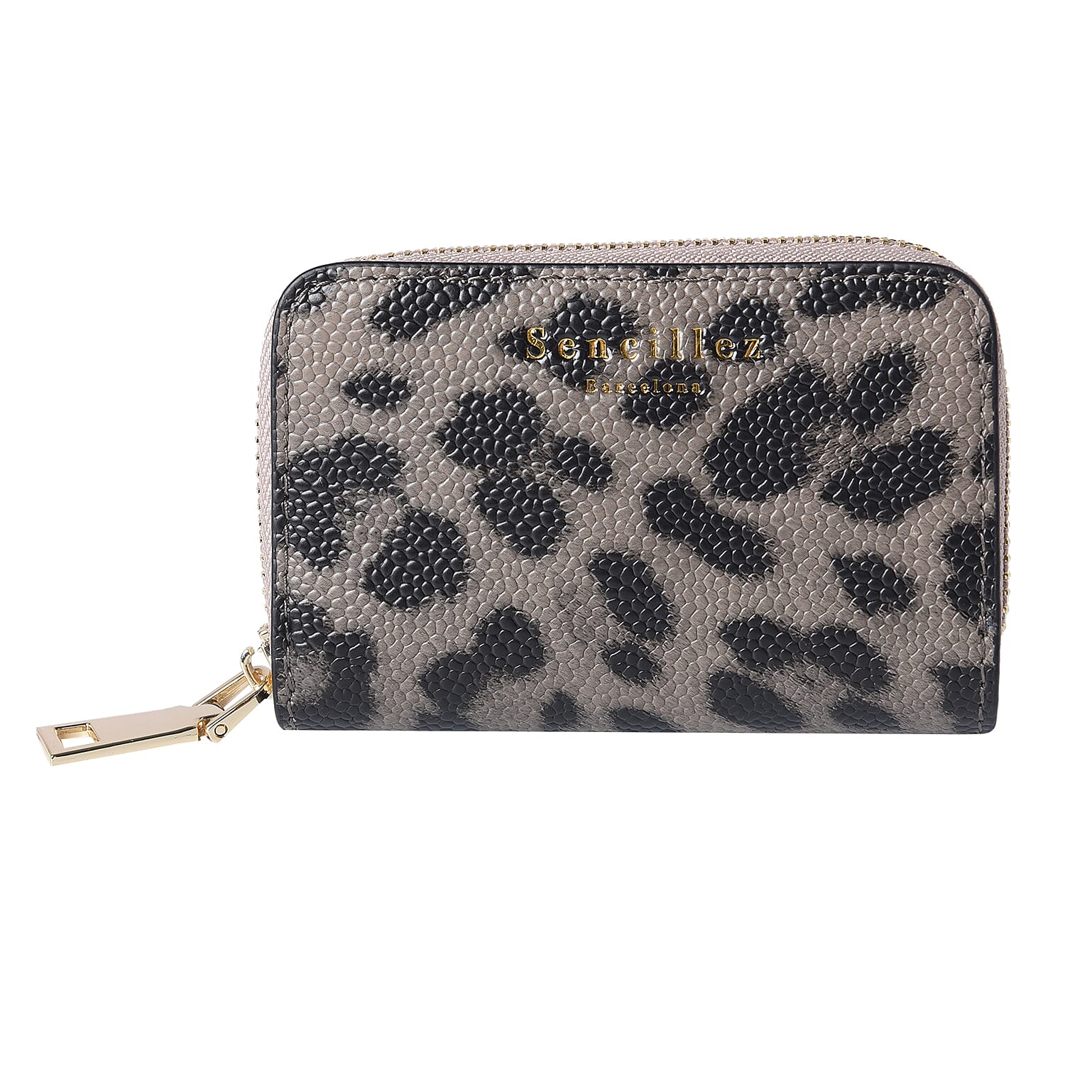 Sencillez - Leopard Print Genuine Leather Clutch Wallet with Card Holder and Zipper Closure (Size 11x2x7cm) - Grey