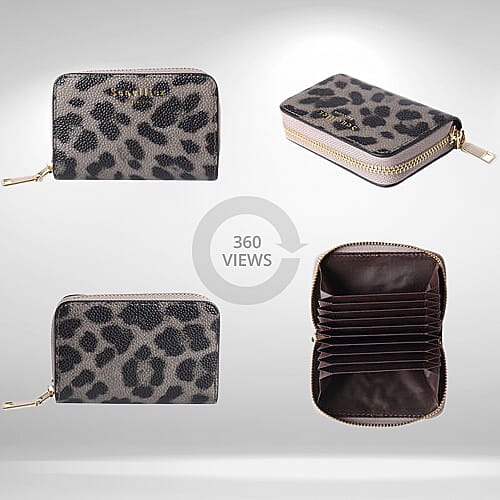 Sencillez - Leopard Print Genuine Leather Clutch Wallet with Card Holder and Zipper Closure (Size 11x2x7cm) - Grey