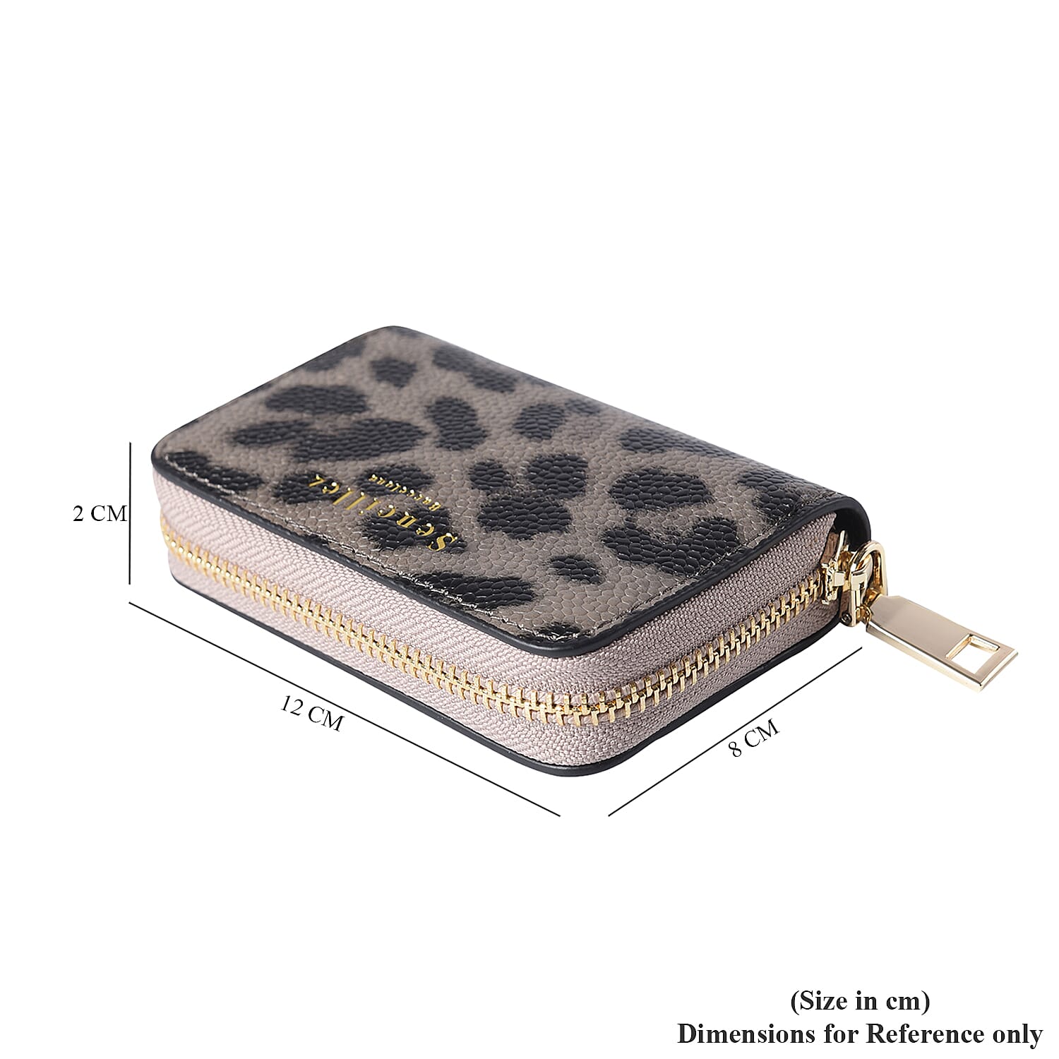 Sencillez - Leopard Print Genuine Leather Clutch Wallet with Card Holder and Zipper Closure (Size 11x2x7cm) - Grey