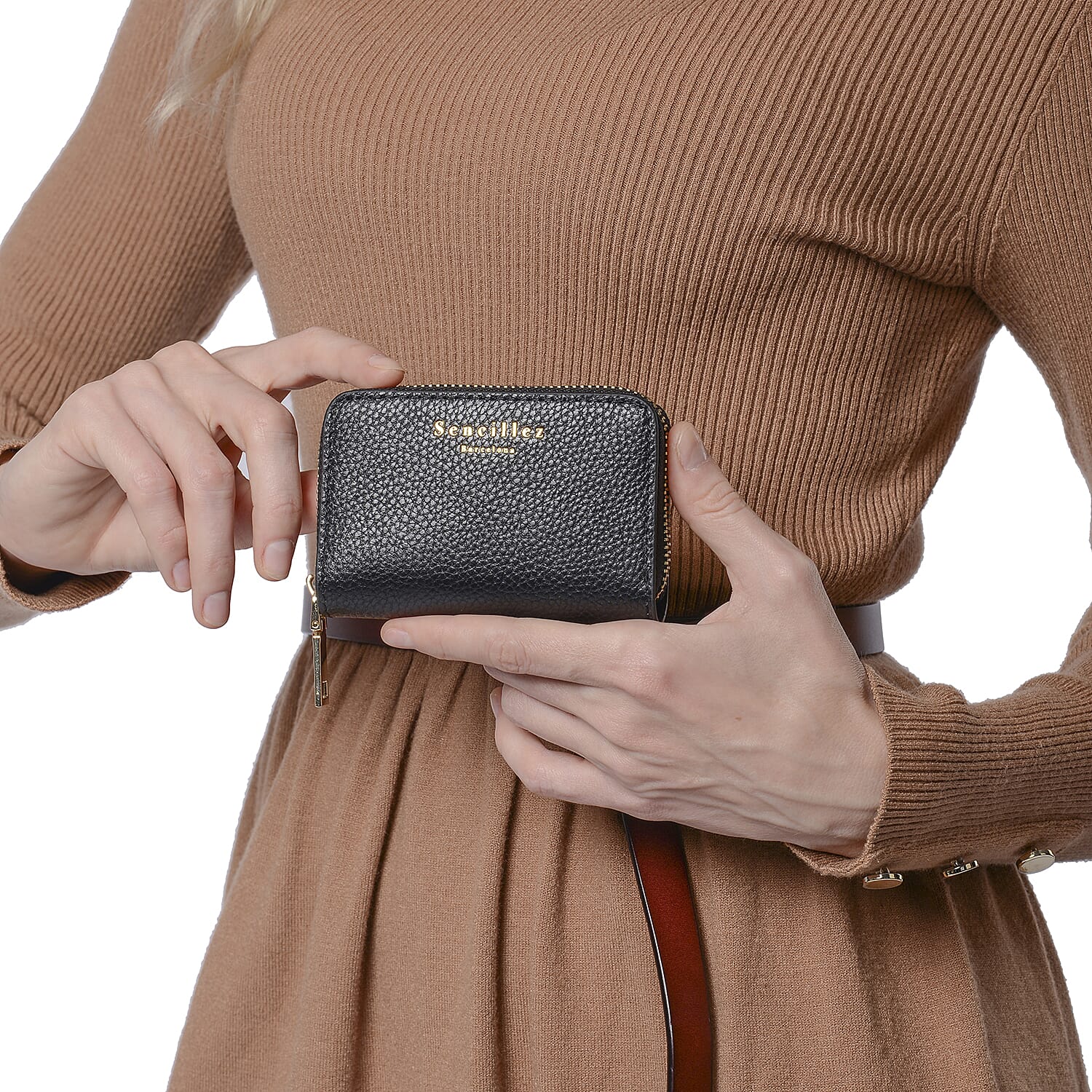 Sencillez - Genuine Leather Card Holder RFID Wallet with Zipper Closure (Size 11x2x7cm) - Black