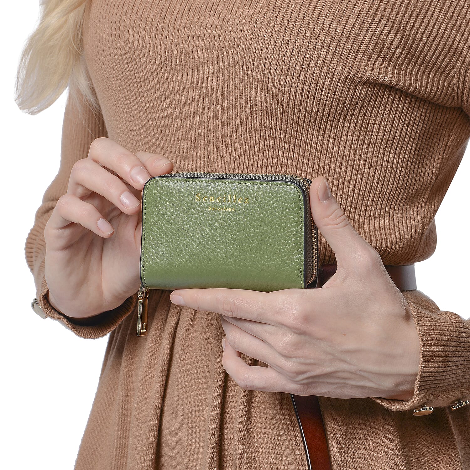 Sencillez - Genuine Leather Card Holder RFID  Wallet with Zipper Closure (Size 11x2x7cm) - Green