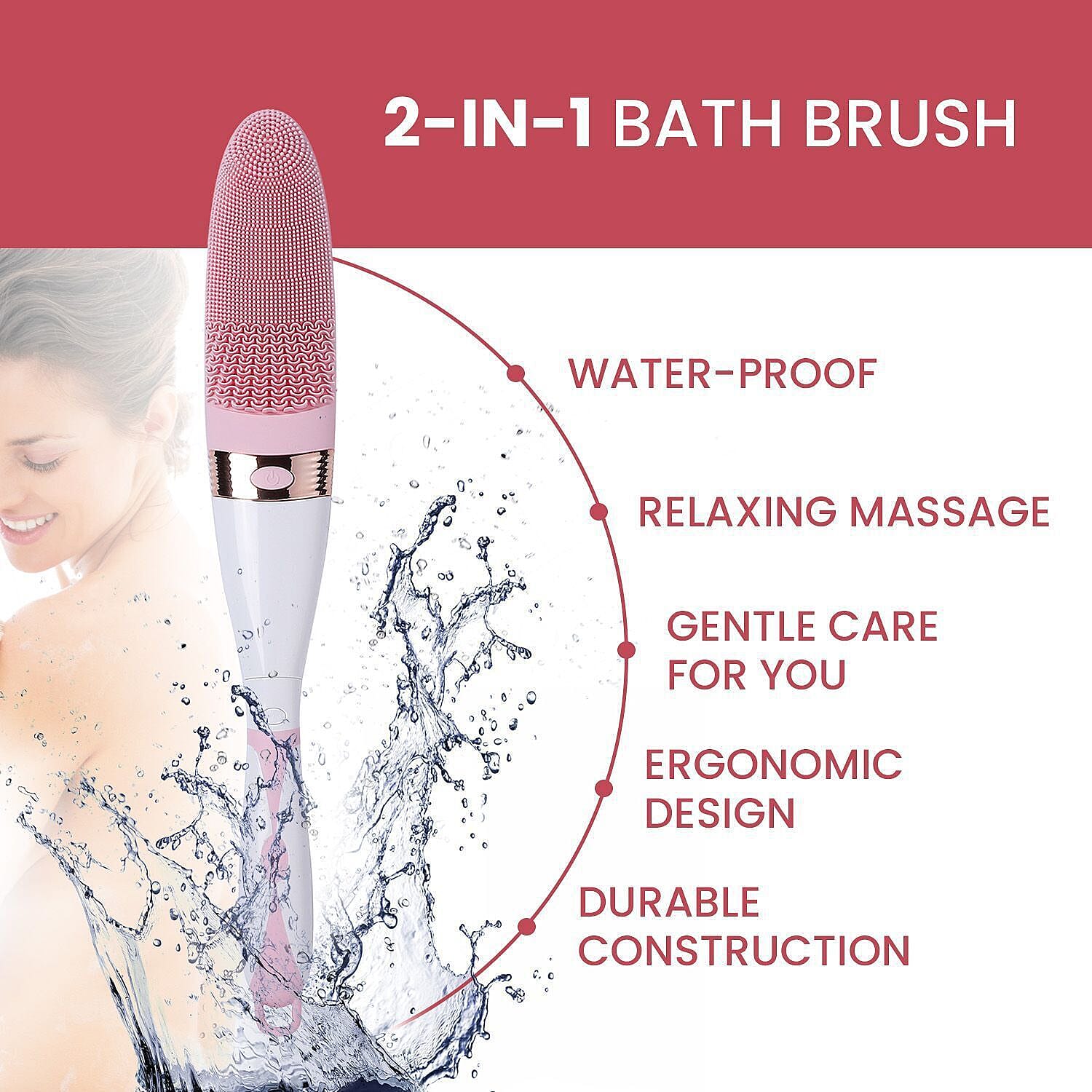 Electric Vibration Long Handle Silicone Bath Brush - Pink