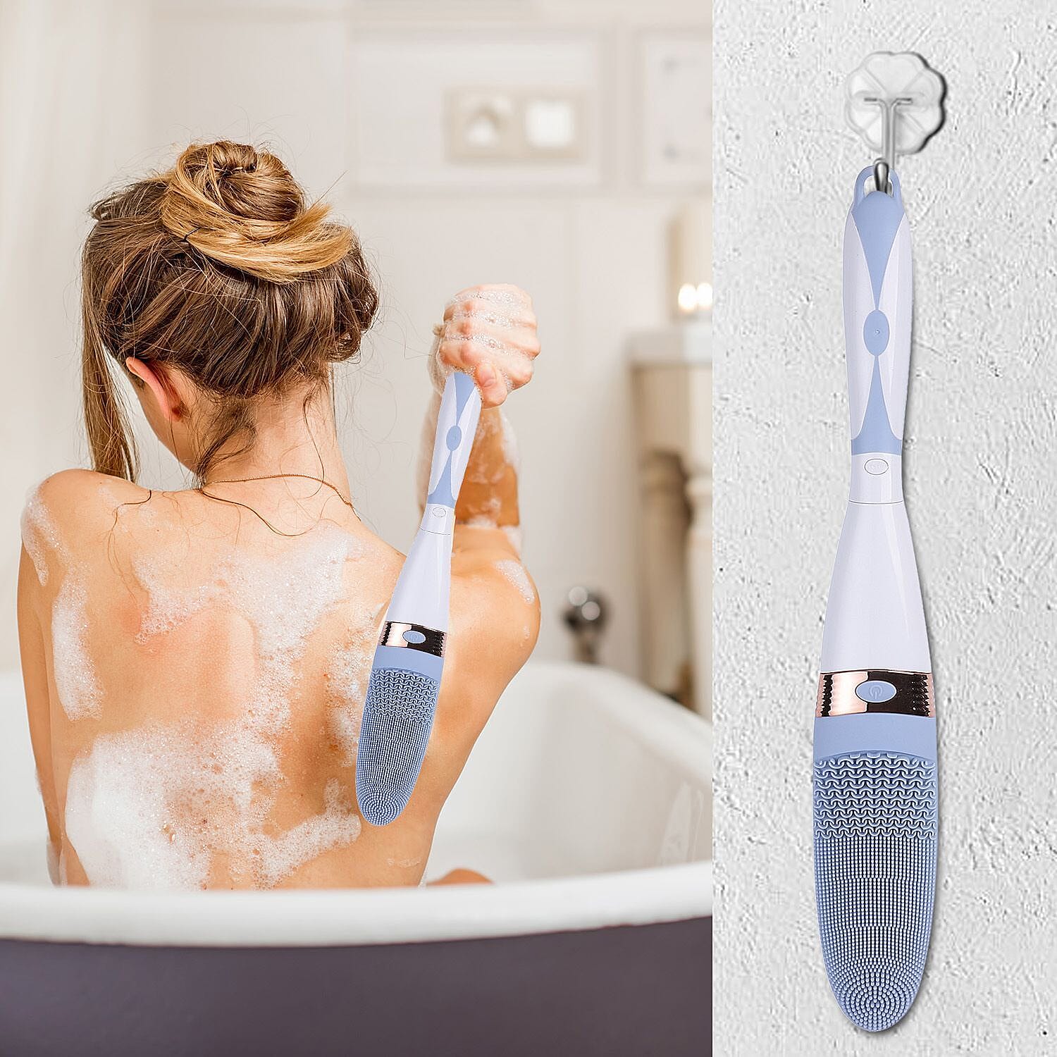 Electric Vibration Long Handle Silicone Bath Brush (Requires 2AA Batteries - Not Included) - Blue