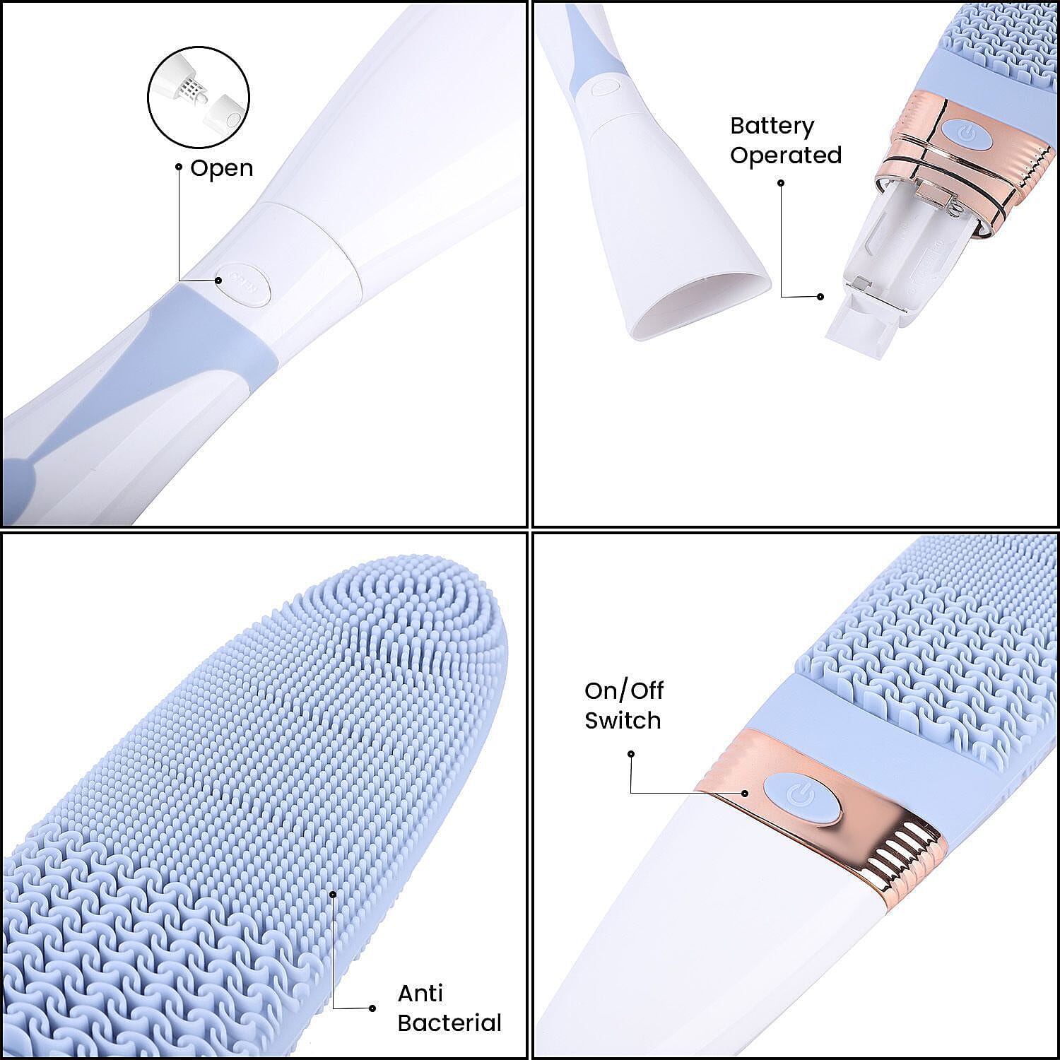 Electric Vibration Long Handle Silicone Bath Brush (Requires 2AA Batteries - Not Included) - Blue