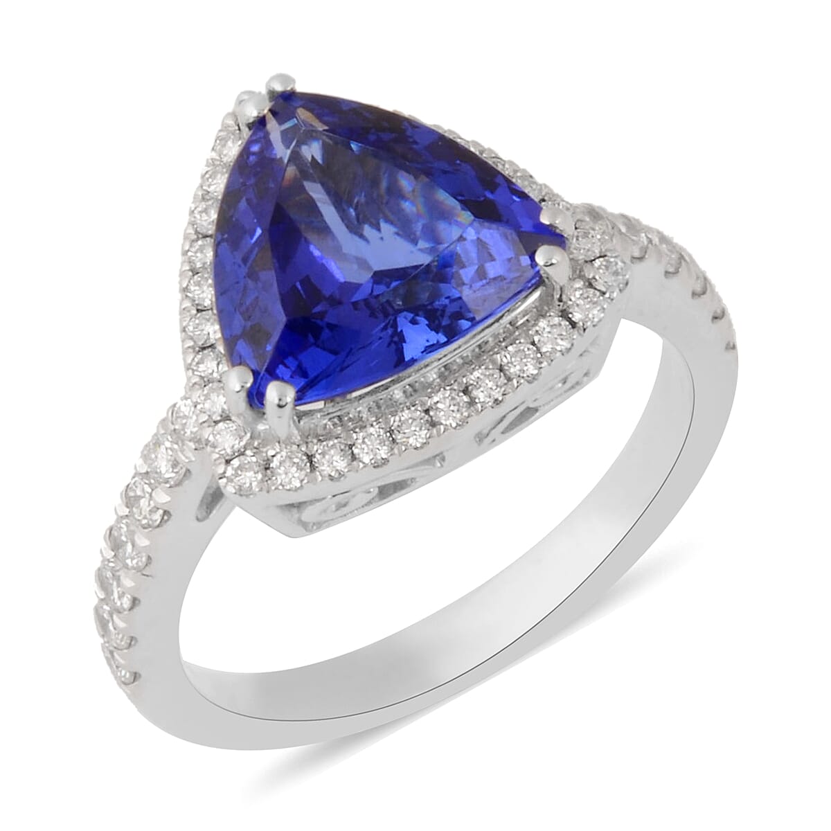 Limited Edition RHAPSODY 950 Platinum AAAA Tanzanite (Trl 10mm, 3.35 Cts) and Diamond (Rnd 0.514 Cts) Ring 3.86 Ct., Platinum Wt 8.44 Gms.