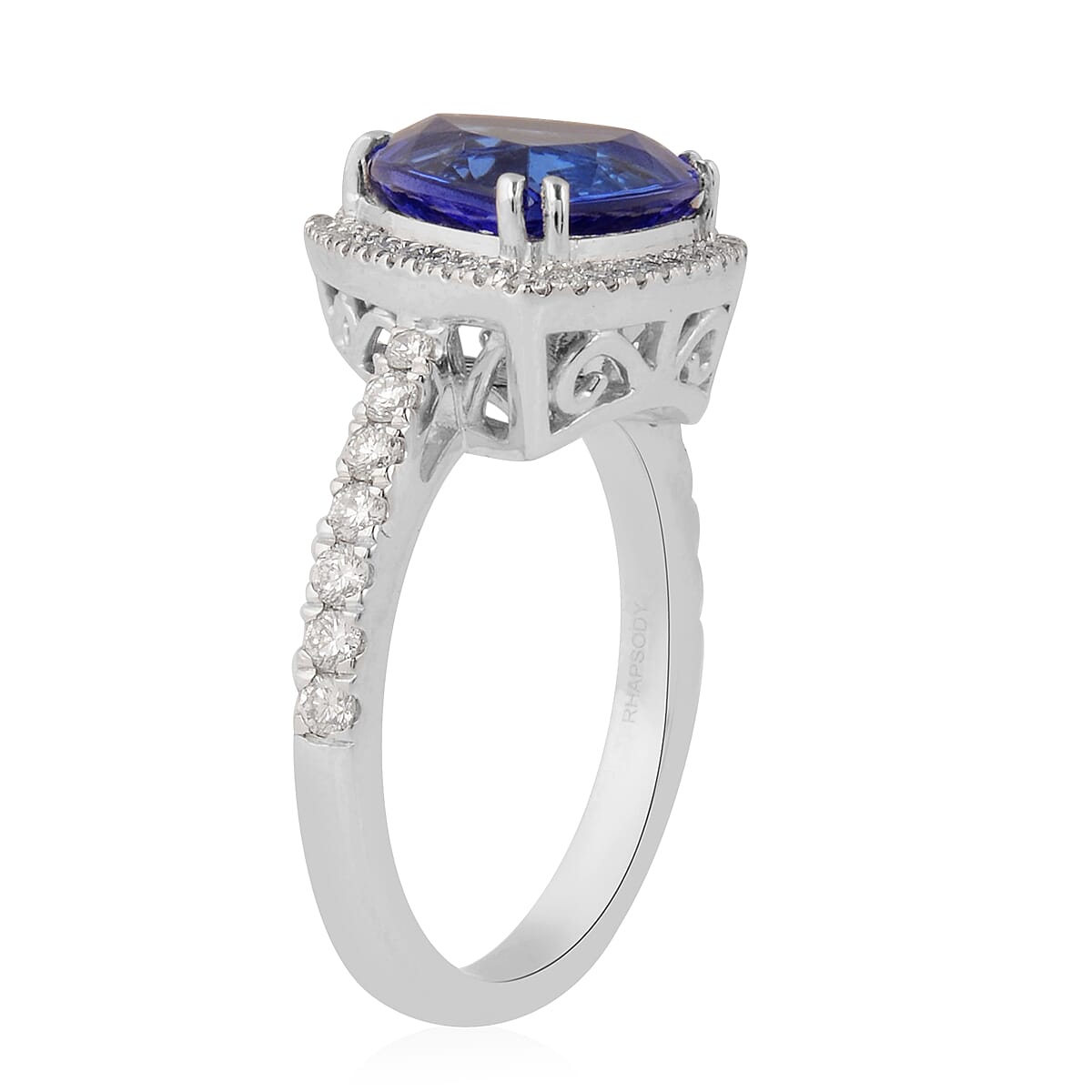 Limited Edition RHAPSODY 950 Platinum AAAA Tanzanite (Trl 10mm, 3.35 Cts) and Diamond (Rnd 0.514 Cts) Ring 3.86 Ct., Platinum Wt 8.44 Gms.