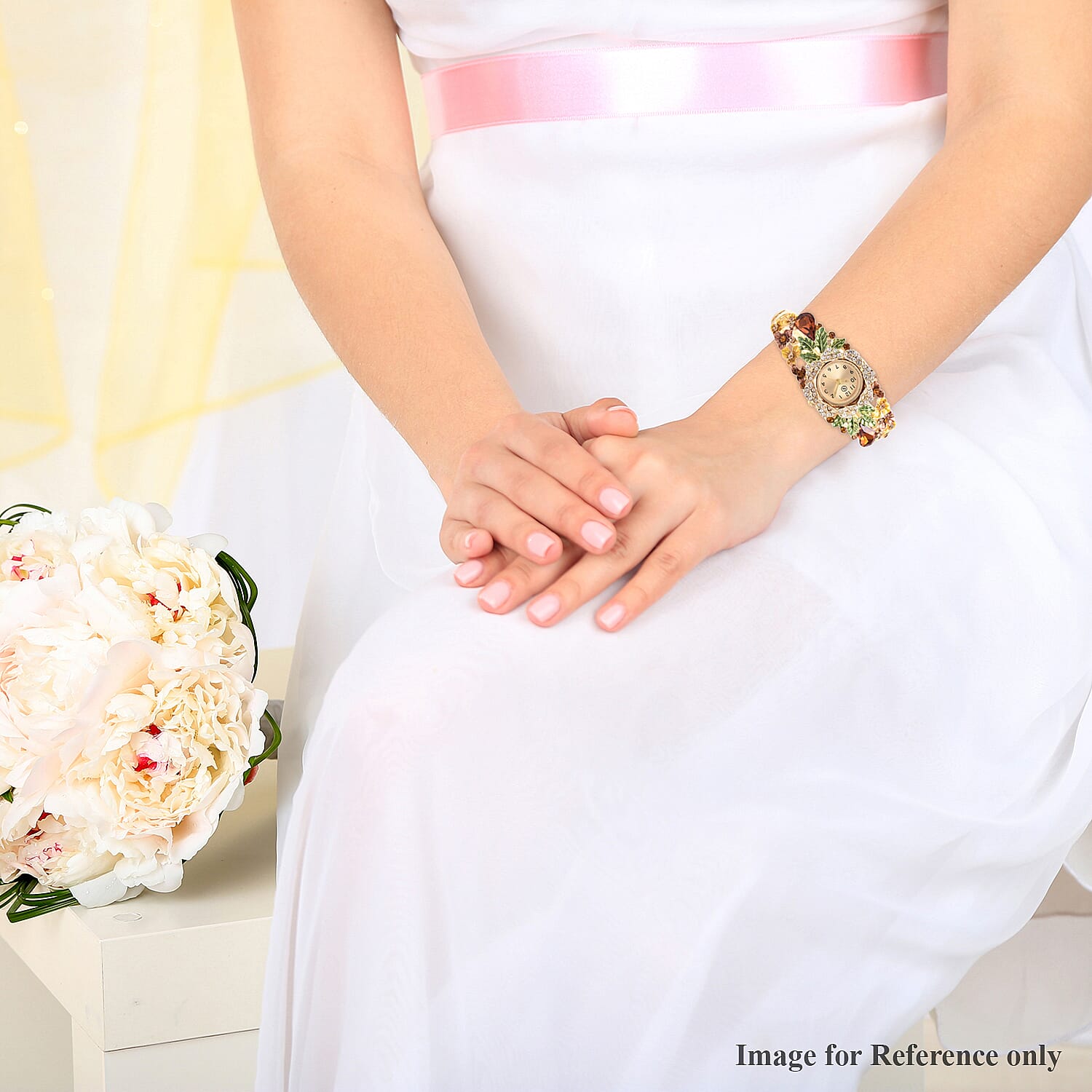 STRADA Japanese Movement Simulated Smoky Quartz and Multi Colour Austrian Crystal Floral Garden Theme Bracelet Watch in Gold Tone