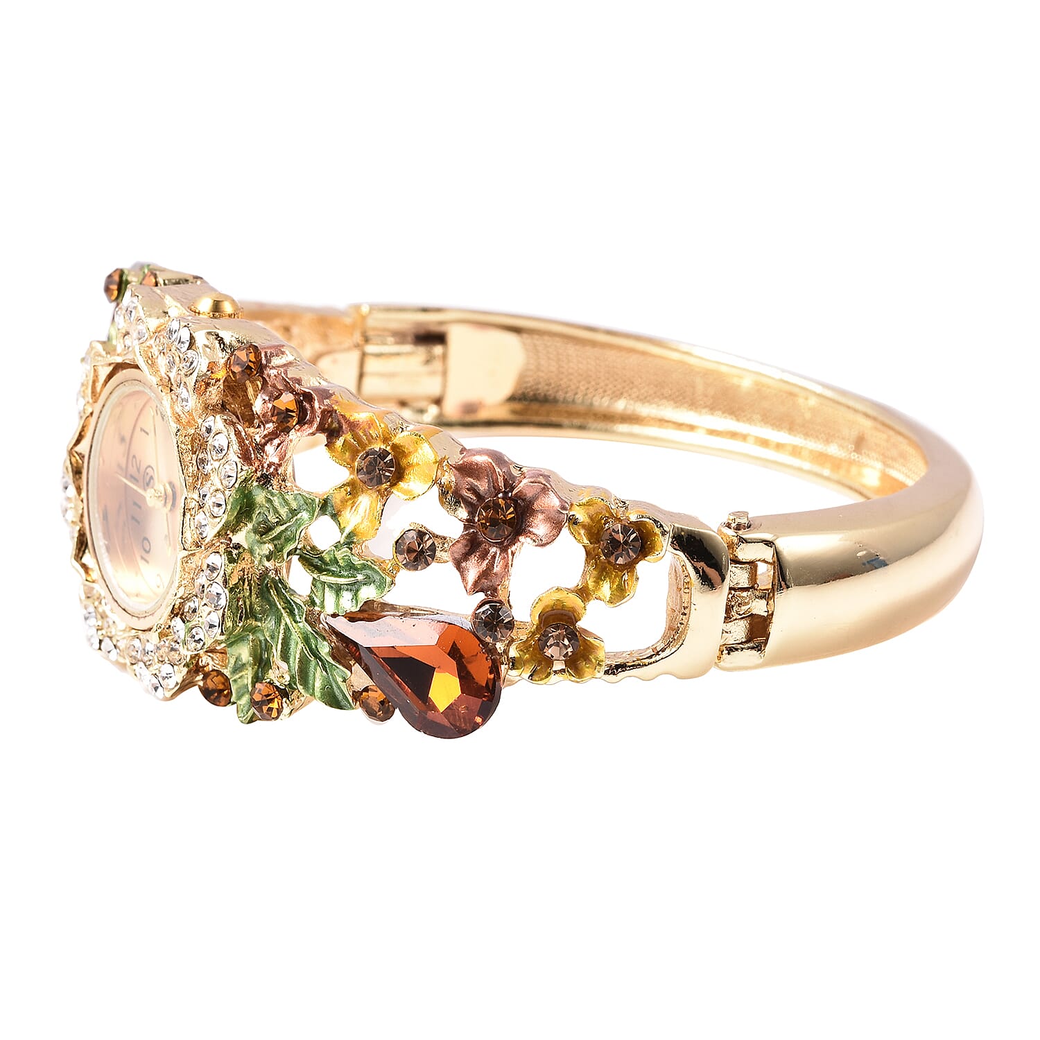 STRADA Japanese Movement Simulated Smoky Quartz and Multi Colour Austrian Crystal Floral Garden Theme Bracelet Watch in Gold Tone