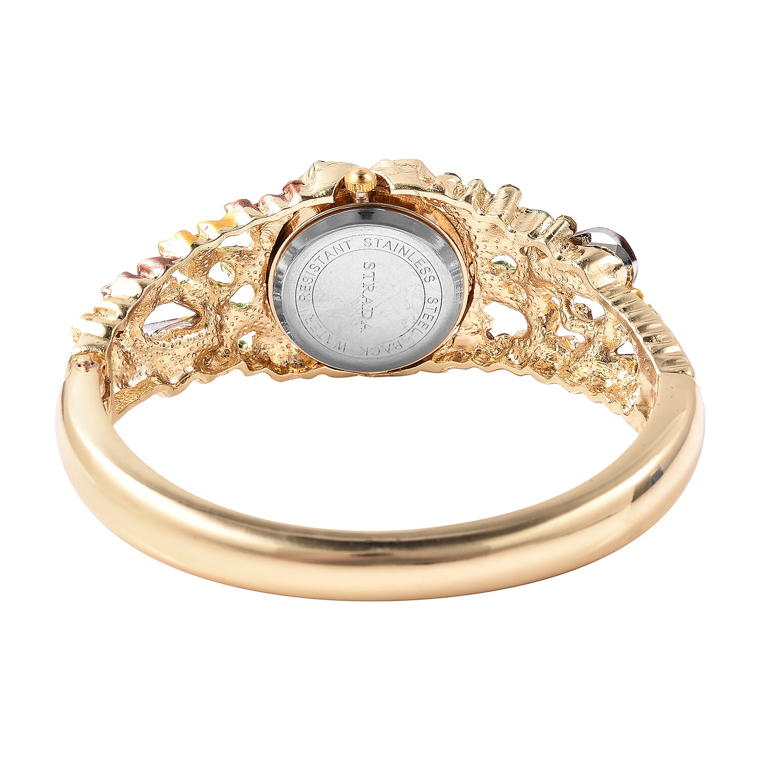 STRADA Japanese Movement Simulated Smoky Quartz and Multi Colour Austrian Crystal Floral Garden Theme Bracelet Watch in Gold Tone