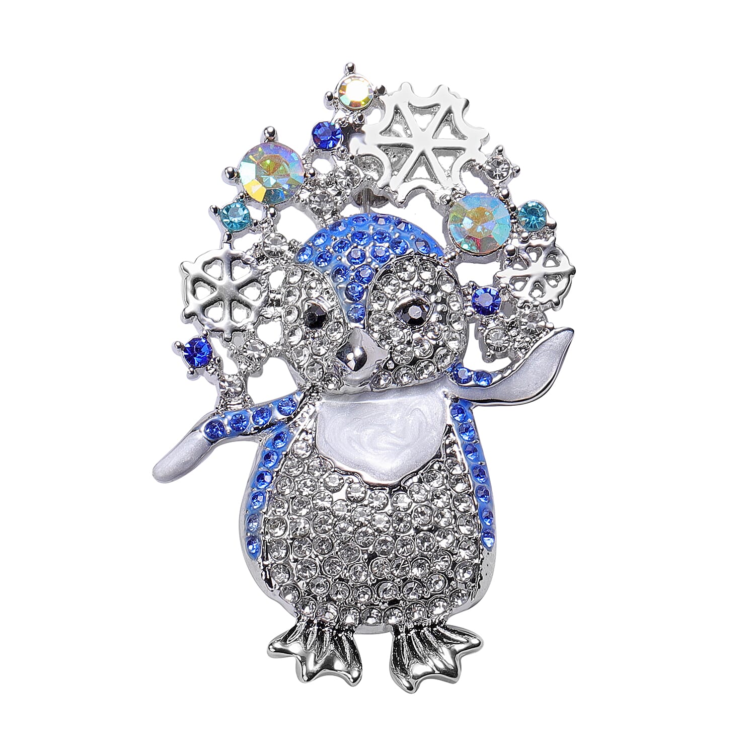 White Austrian Crystal Enamelled Penguin Brooch in Silver Tone