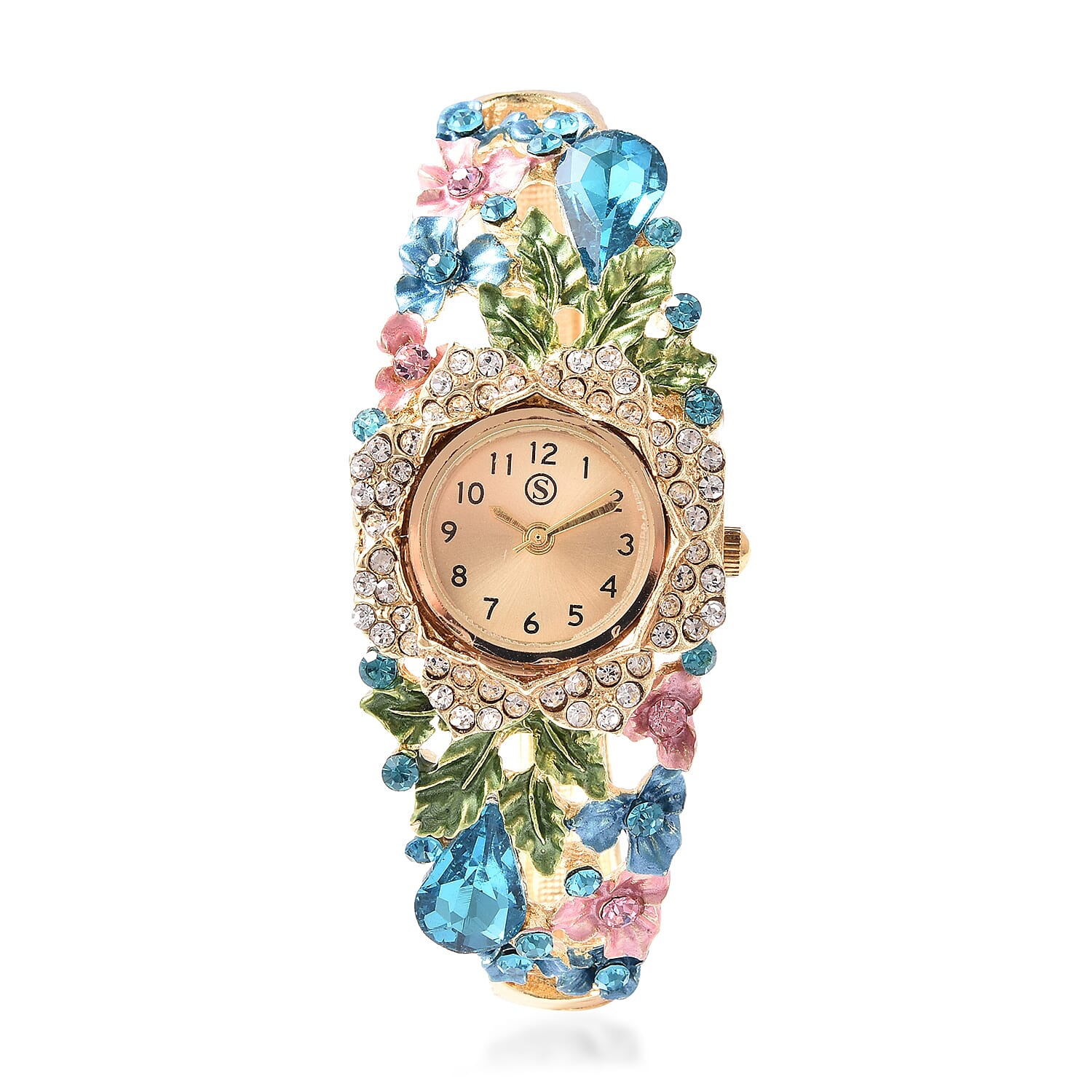 STRADA Japanese Movement Simulated Aquamarine and Multi Colour Austrian Crystal Floral Garden Theme Bracelet Watch in Gold Tone