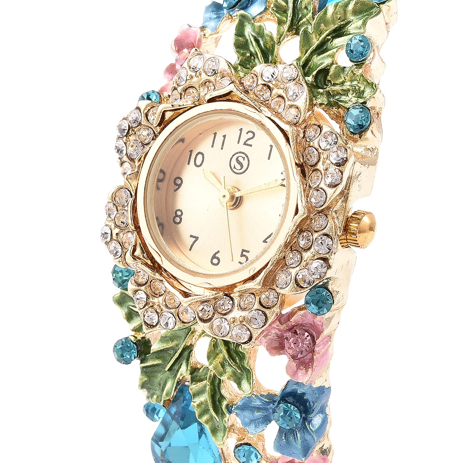 STRADA Japanese Movement Simulated Aquamarine and Multi Colour Austrian Crystal Floral Garden Theme Bracelet Watch in Gold Tone