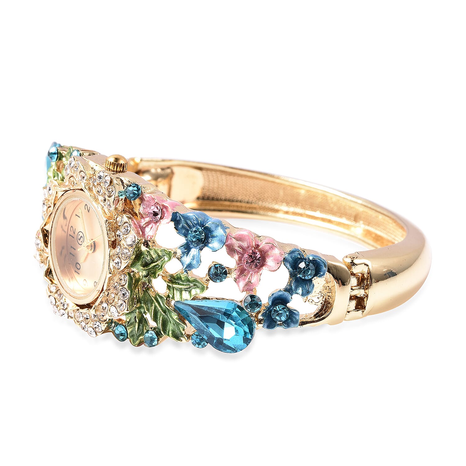STRADA Japanese Movement Simulated Aquamarine and Multi Colour Austrian Crystal Floral Garden Theme Bracelet Watch in Gold Tone