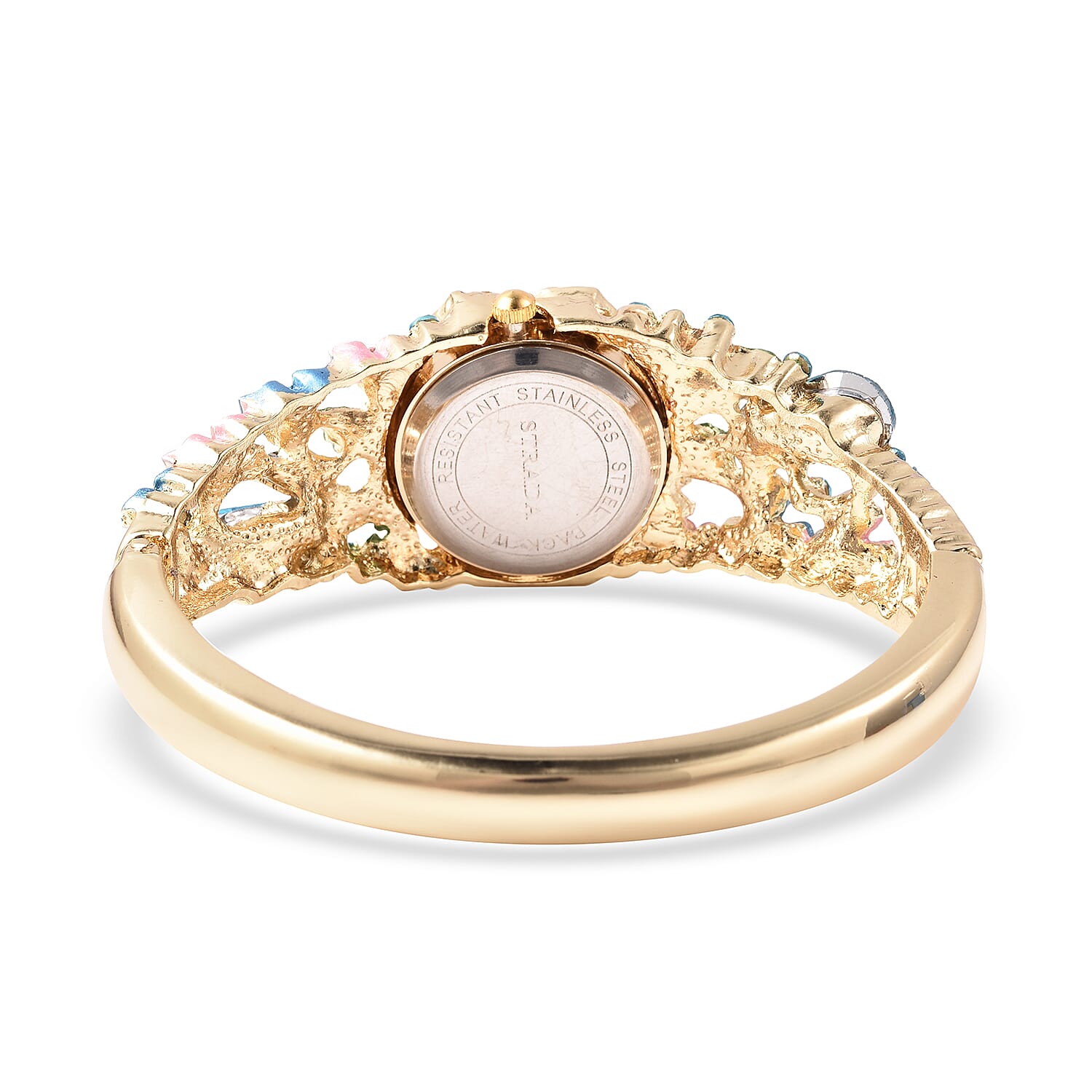 STRADA Japanese Movement Simulated Aquamarine and Multi Colour Austrian Crystal Floral Garden Theme Bracelet Watch in Gold Tone