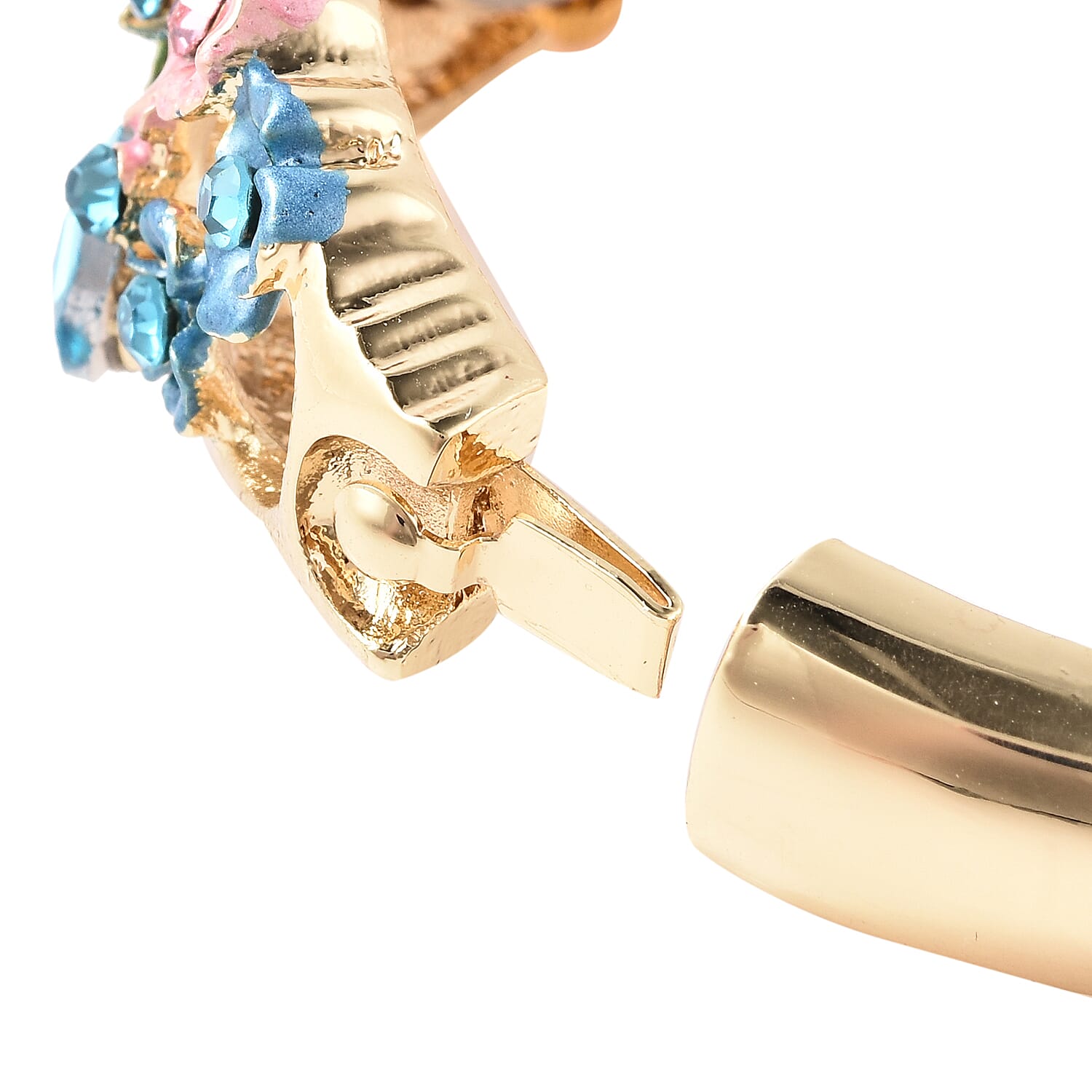 STRADA Japanese Movement Simulated Aquamarine and Multi Colour Austrian Crystal Floral Garden Theme Bracelet Watch in Gold Tone