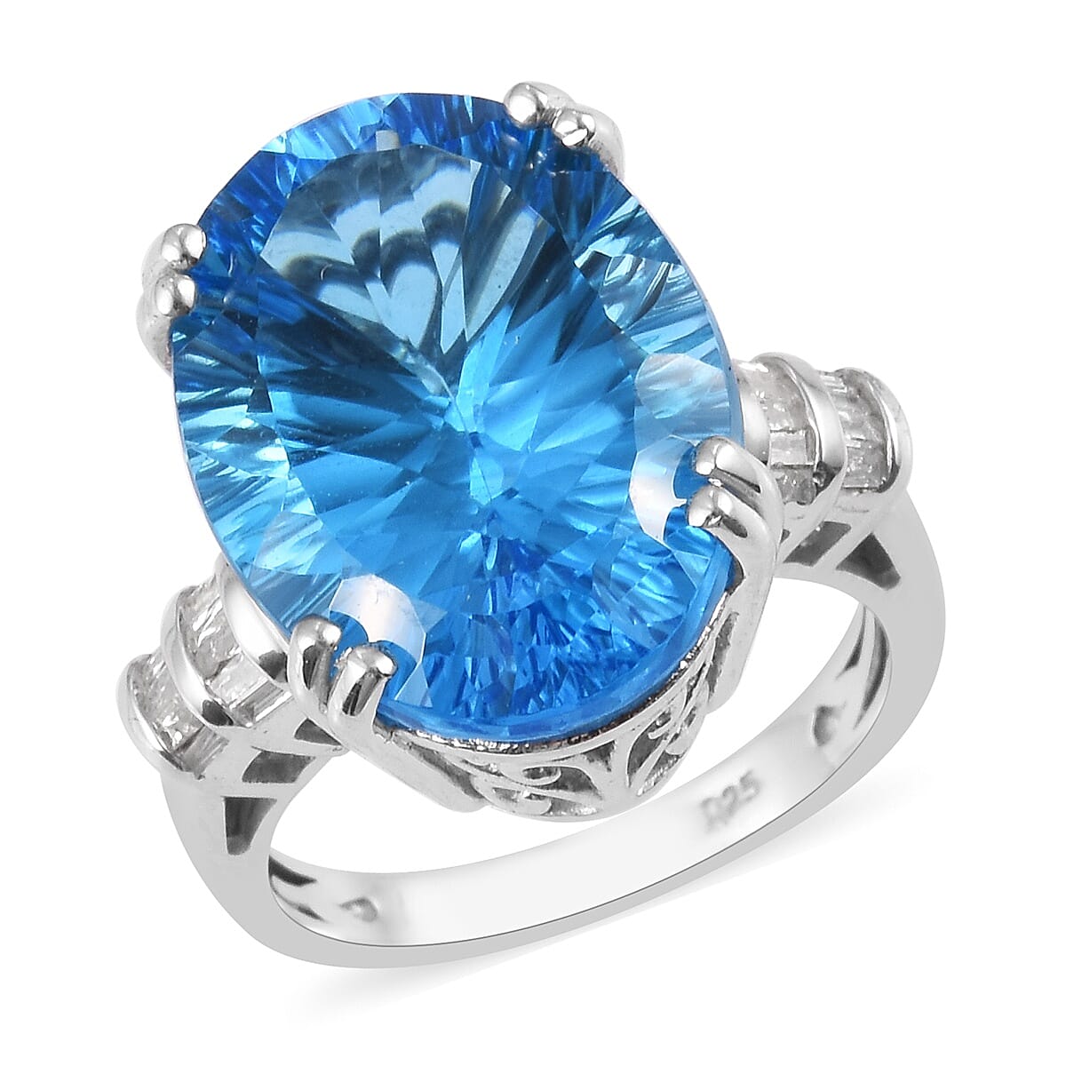 Swiss Blue Topaz and Diamond Ring in Platinum Overlay Sterling Silver 17.18 Ct, Silver wt 5.92 Gms